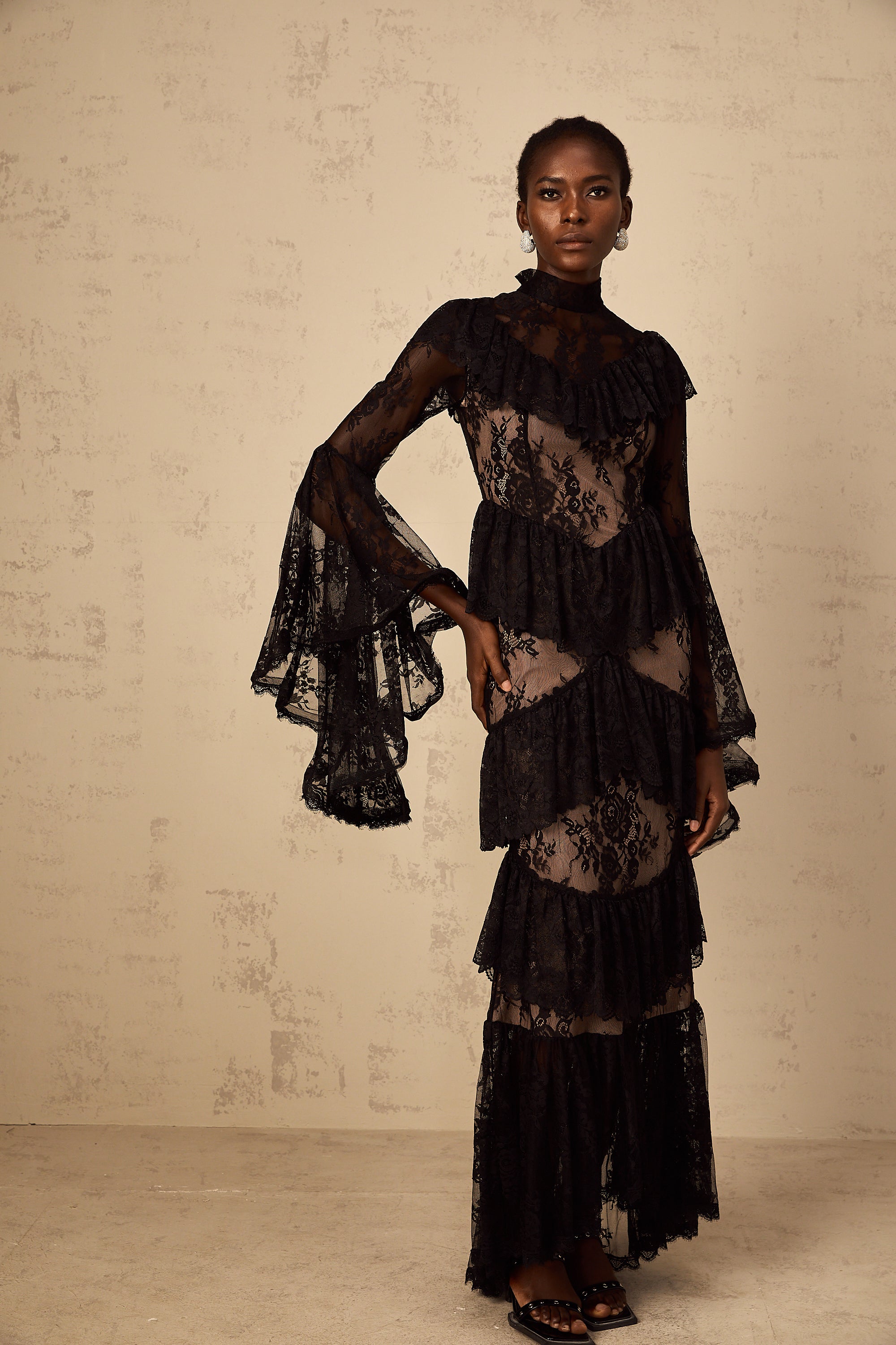 Roxane black floral-lace ruffled maxi dress