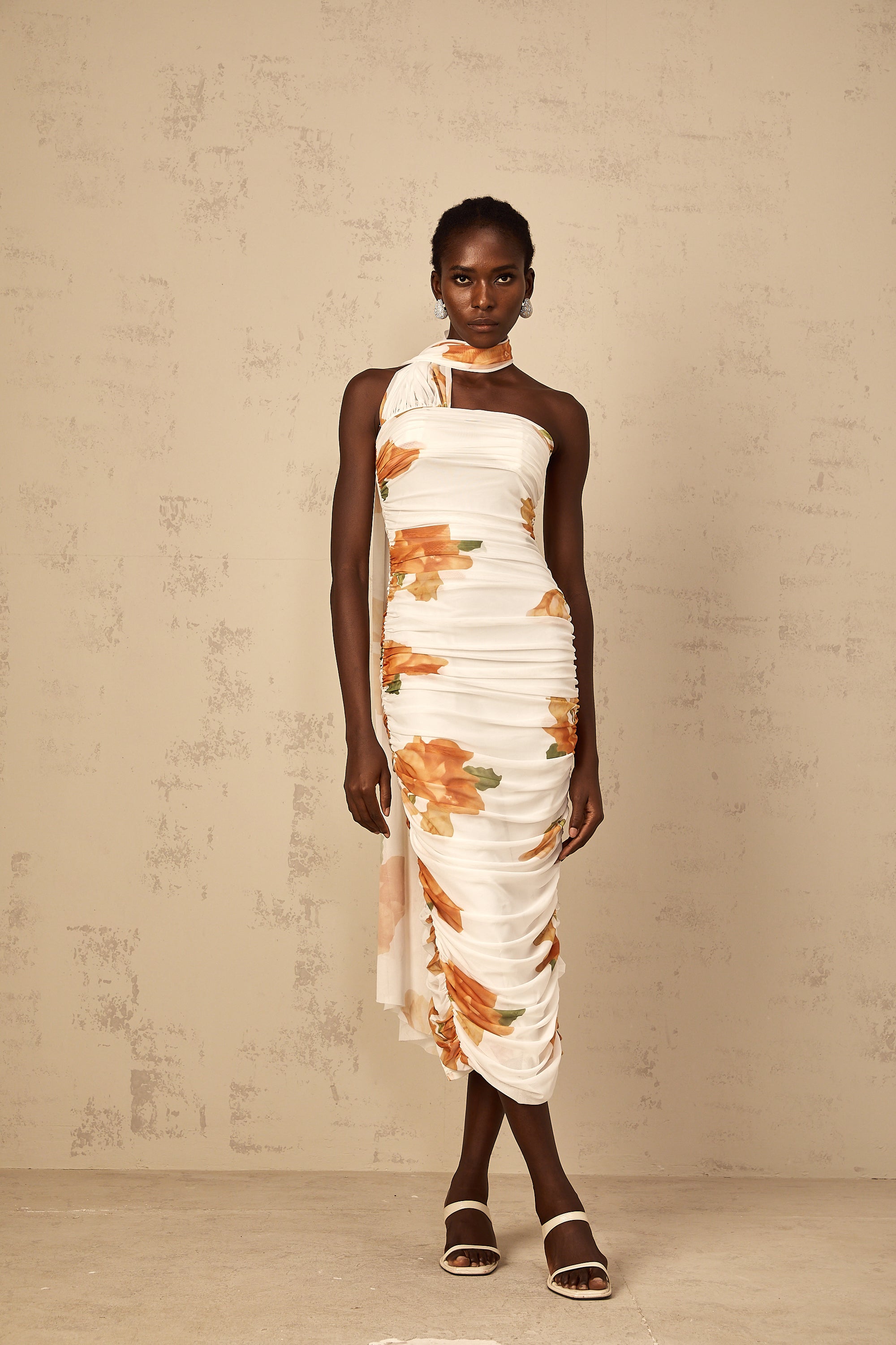 Frida white floral-print ruched tulle midi dress