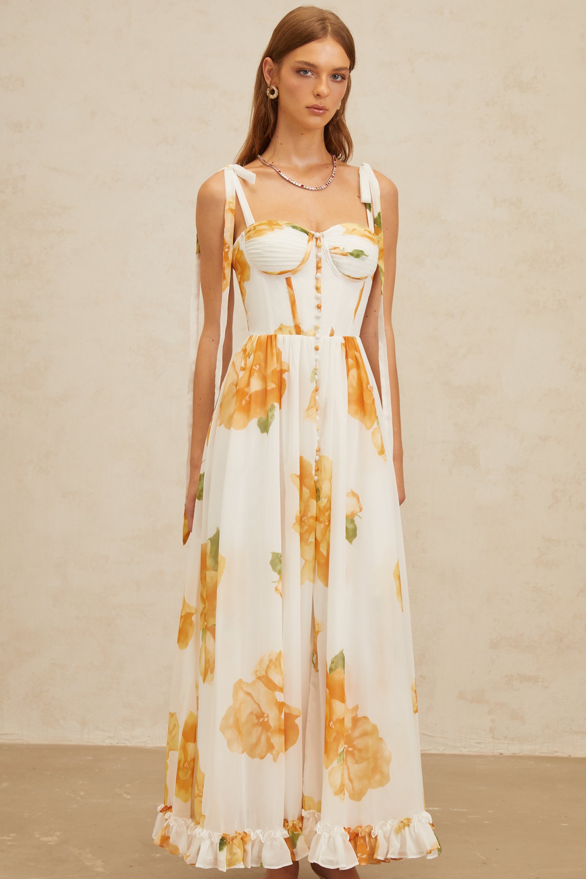 Bérénice White Floral Print Shirred Maxi Dress (Final Sale-US Only)