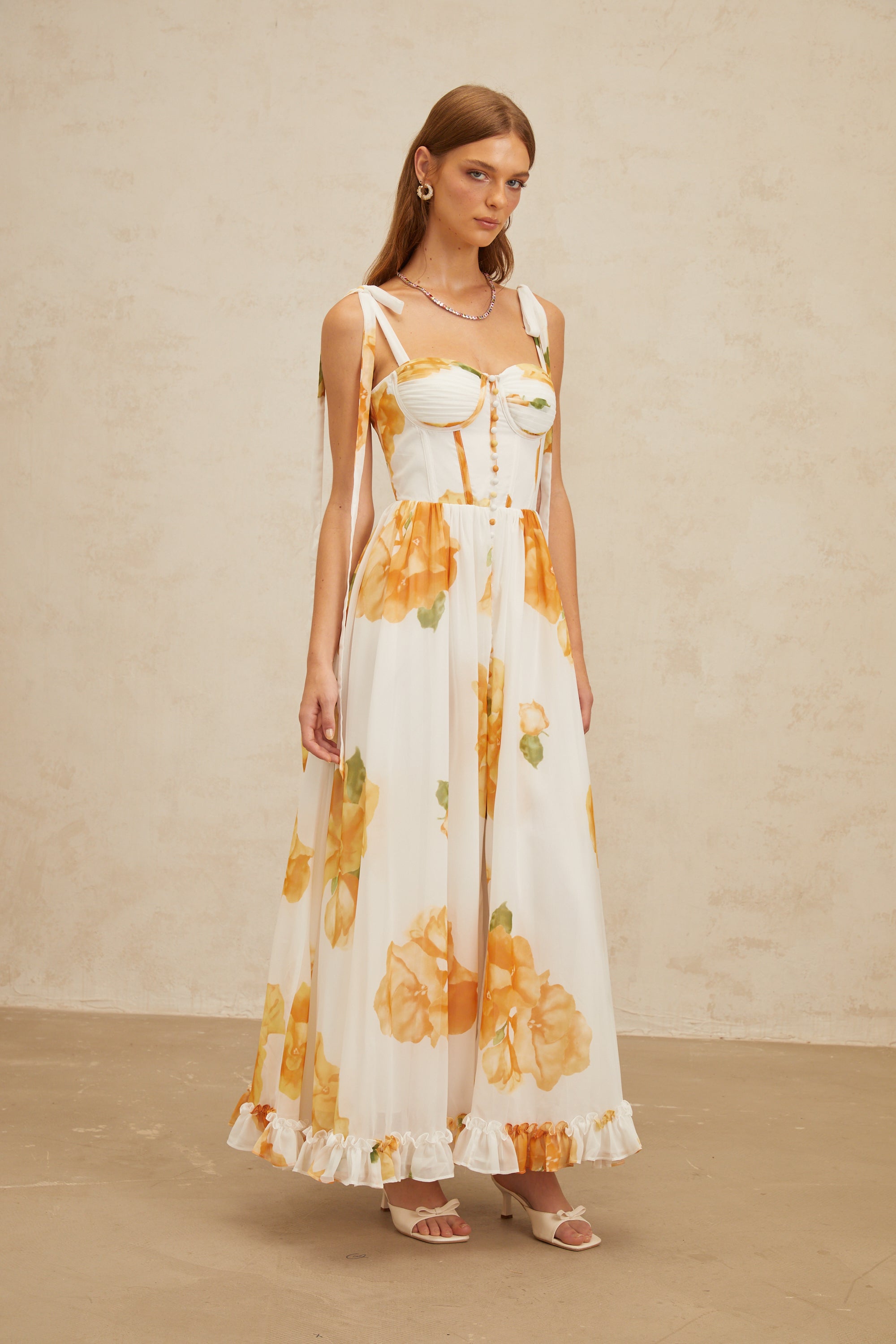 Bérénice White Floral Print Shirred Maxi Dress (Final Sale-US Only)
