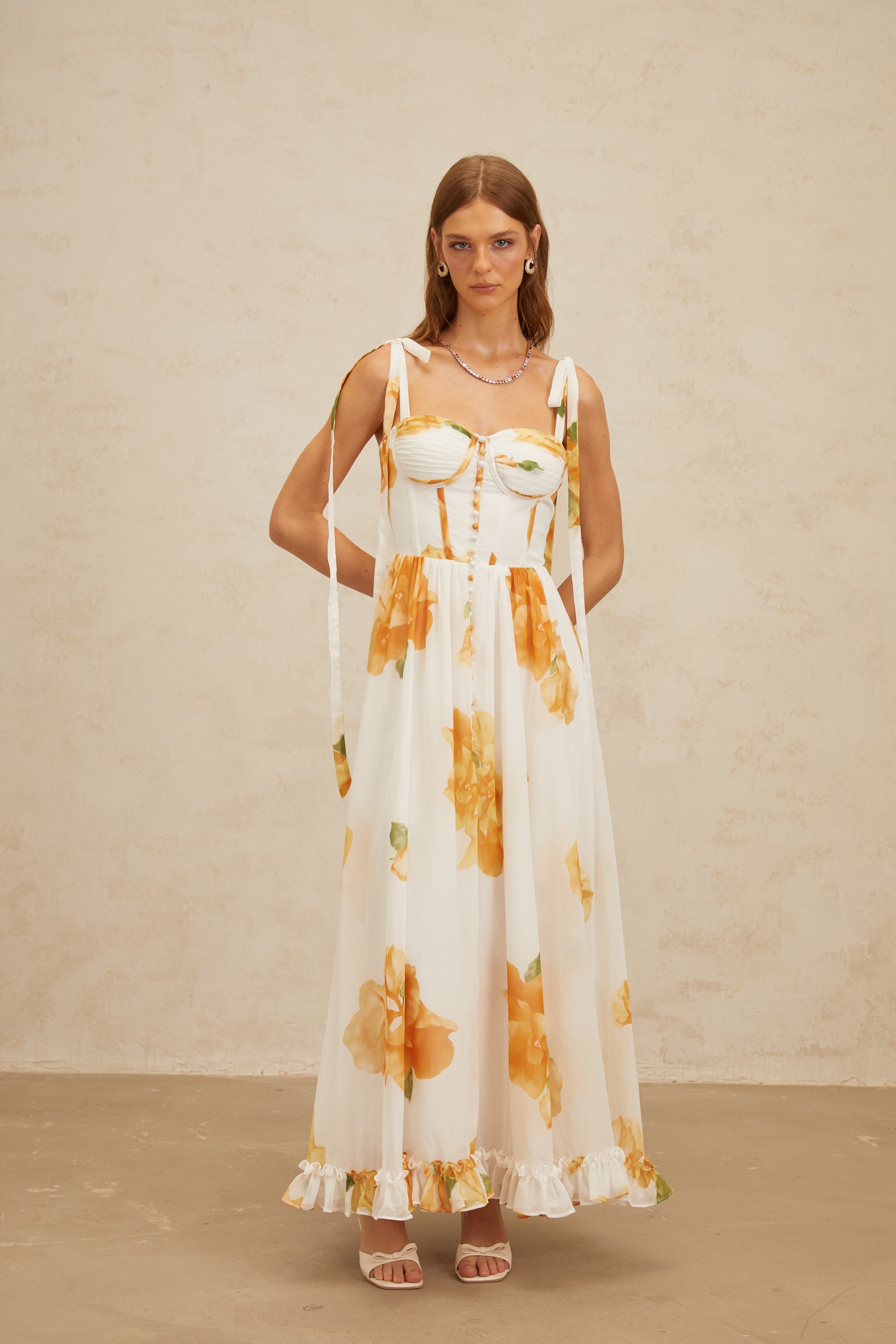 Bérénice White Floral Print Shirred Maxi Dress (Final Sale-US Only)