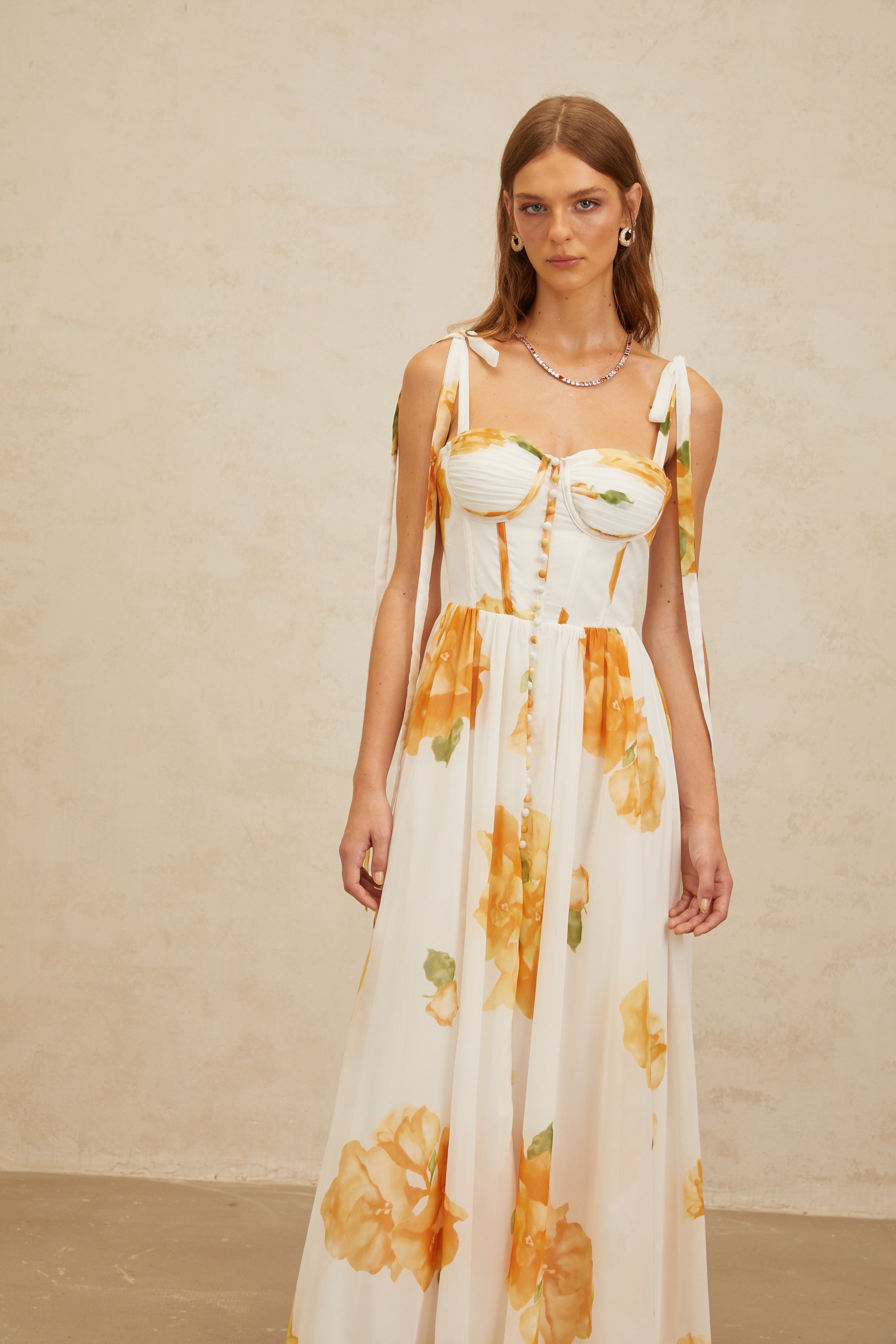 Bérénice White Floral Print Shirred Maxi Dress (Final Sale-US Only)