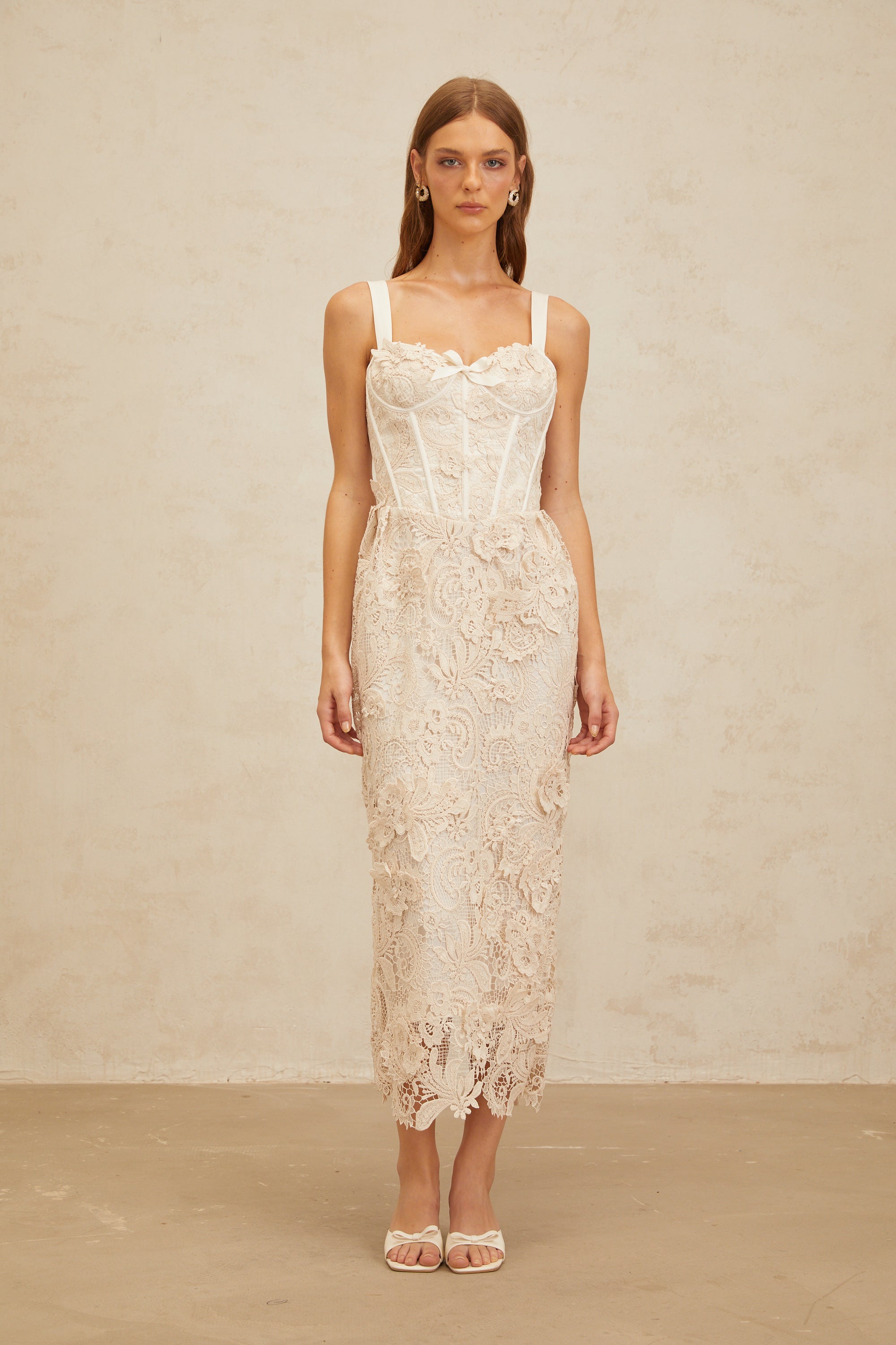 Irène Neutrals Corded Lace Corset Midi Dress