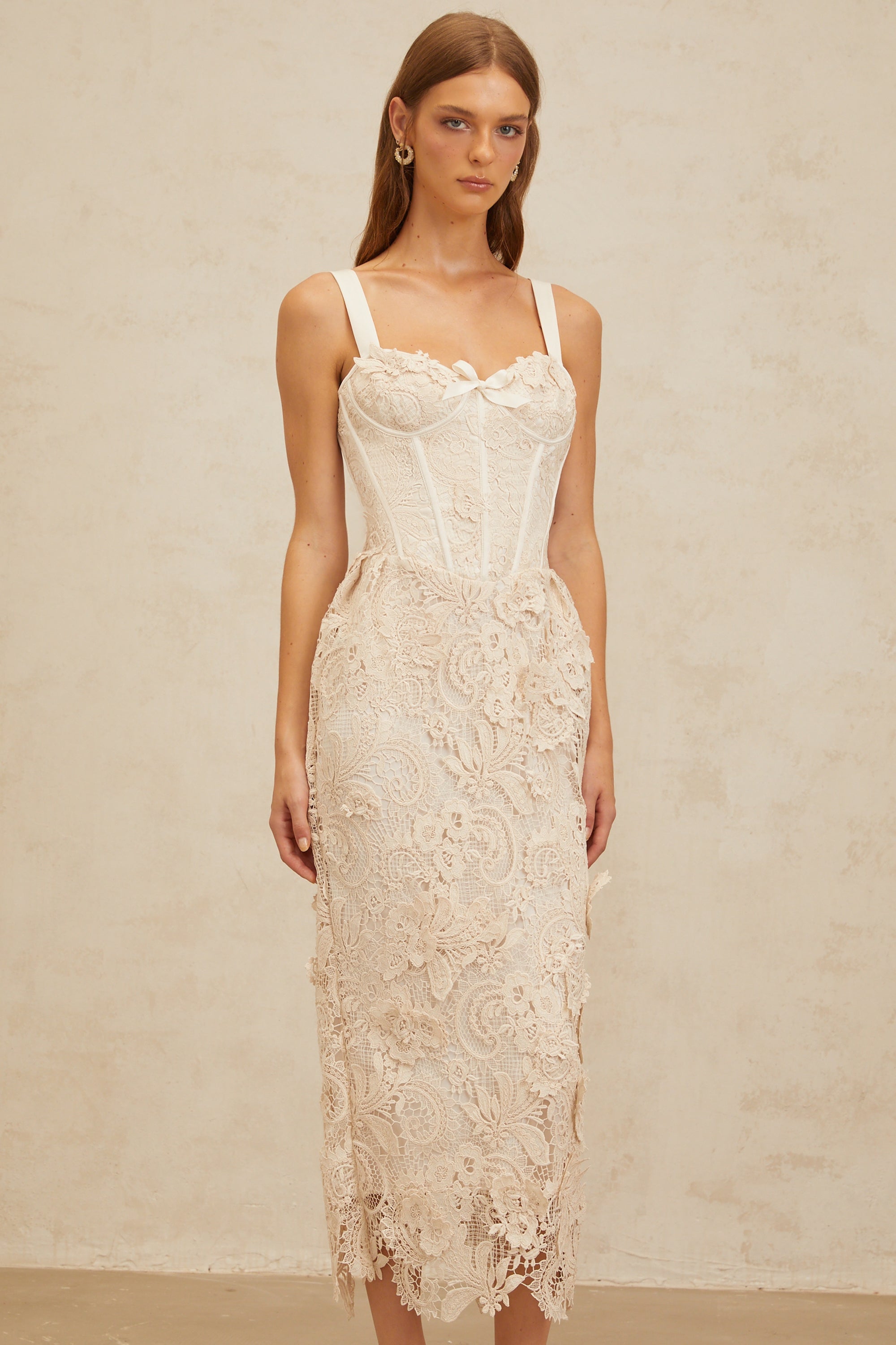 Irène Neutrals Corded Lace Corset Midi Dress