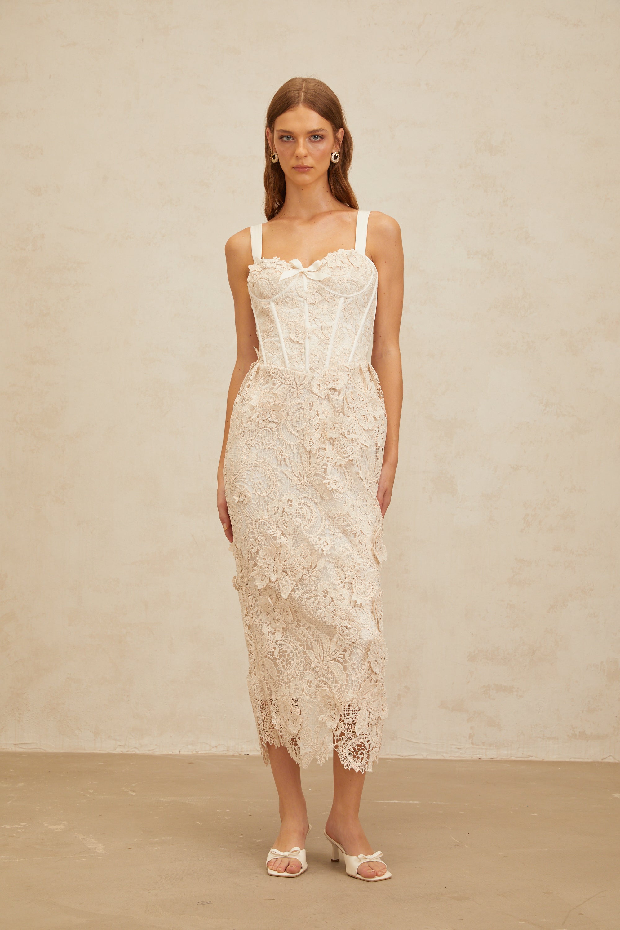 Irène Neutrals Corded Lace Corset Midi Dress