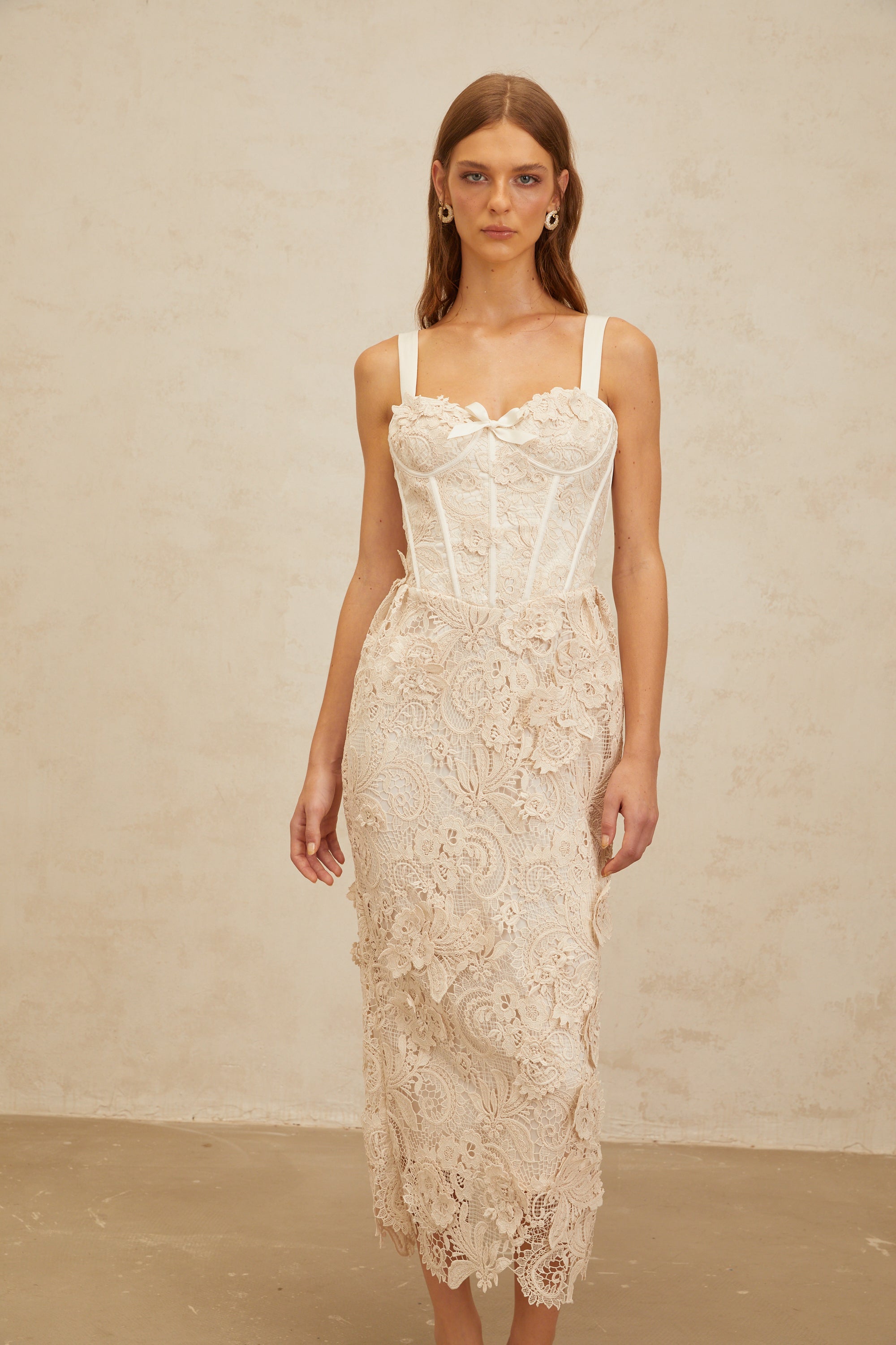 Irène Neutrals Corded Lace Corset Midi Dress