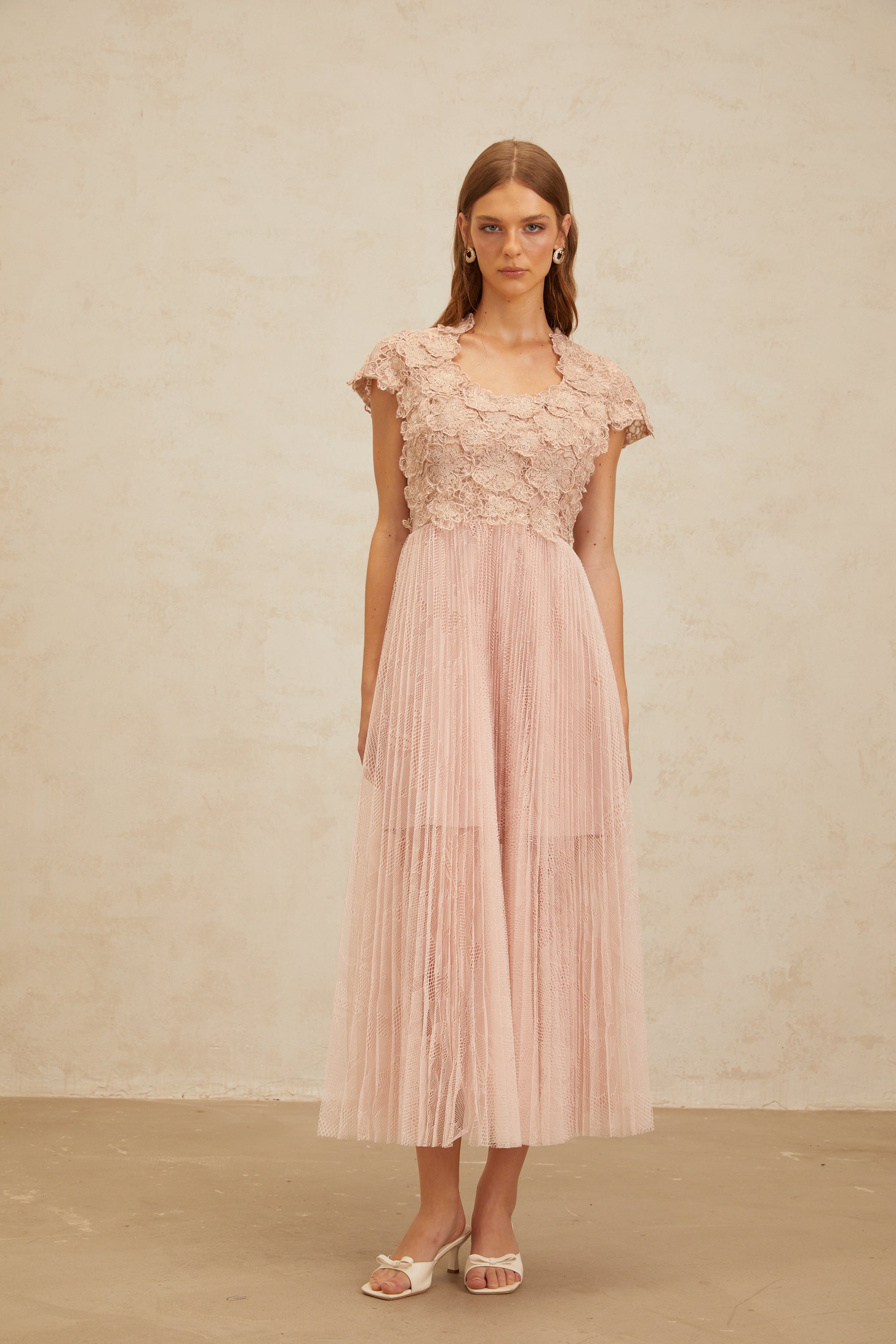 Airelle Pink Floral Embroidered Tulle Midi Dress (Final Sale-US Only)
