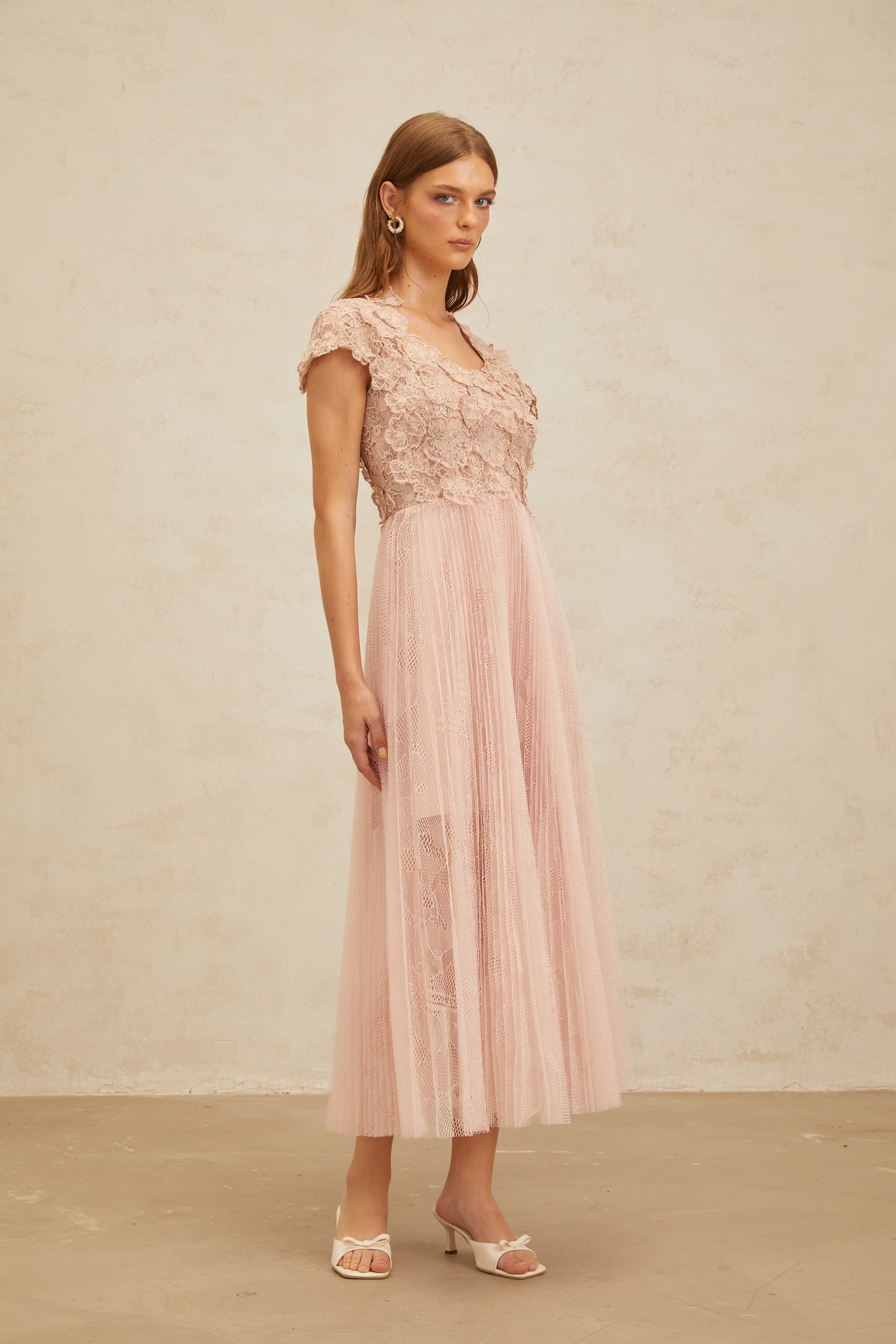 Airelle Pink Floral Embroidered Tulle Midi Dress (Final Sale-US Only)