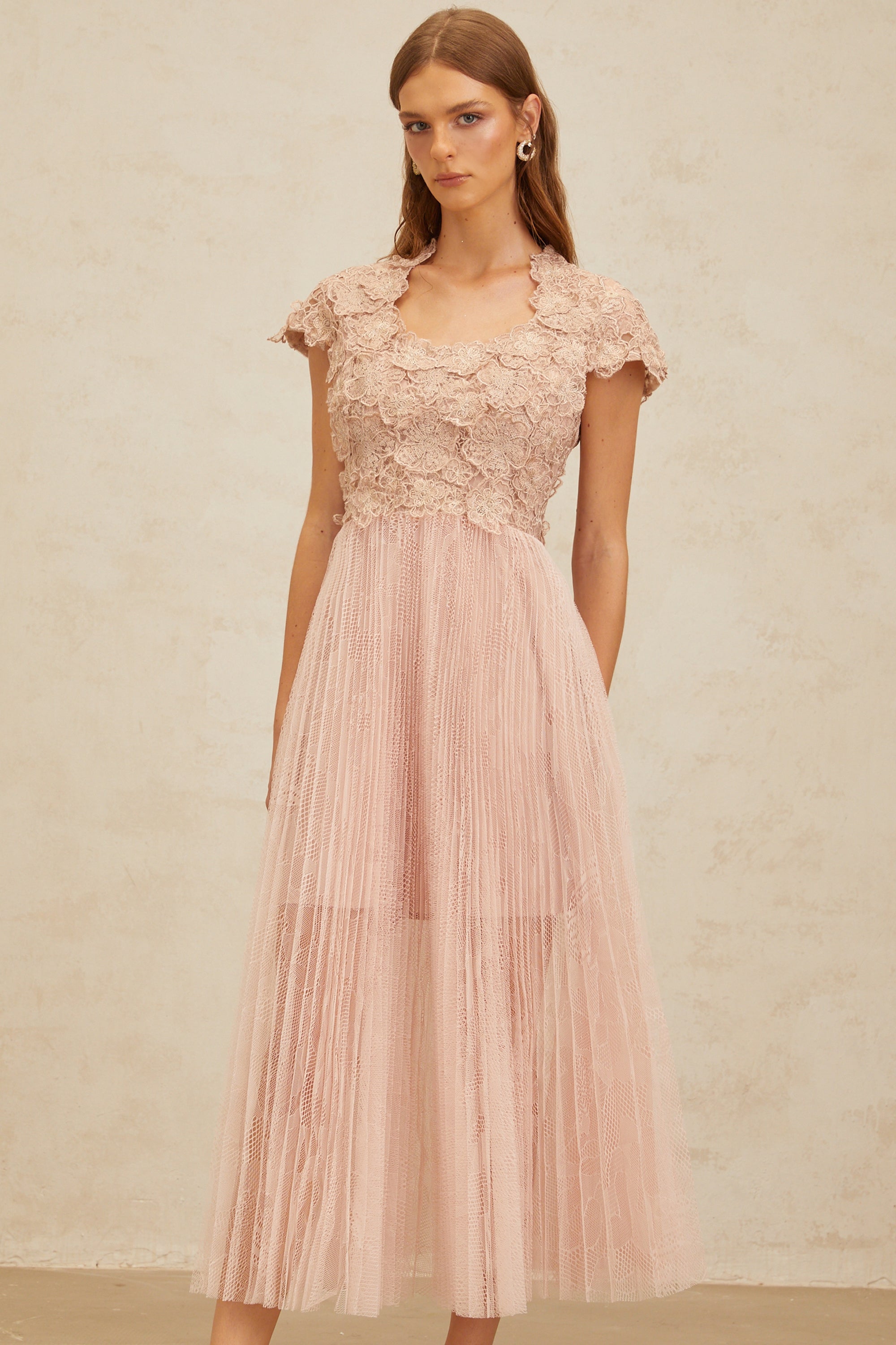 Airelle Pink Floral Embroidered Tulle Midi Dress (Final Sale-US Only)