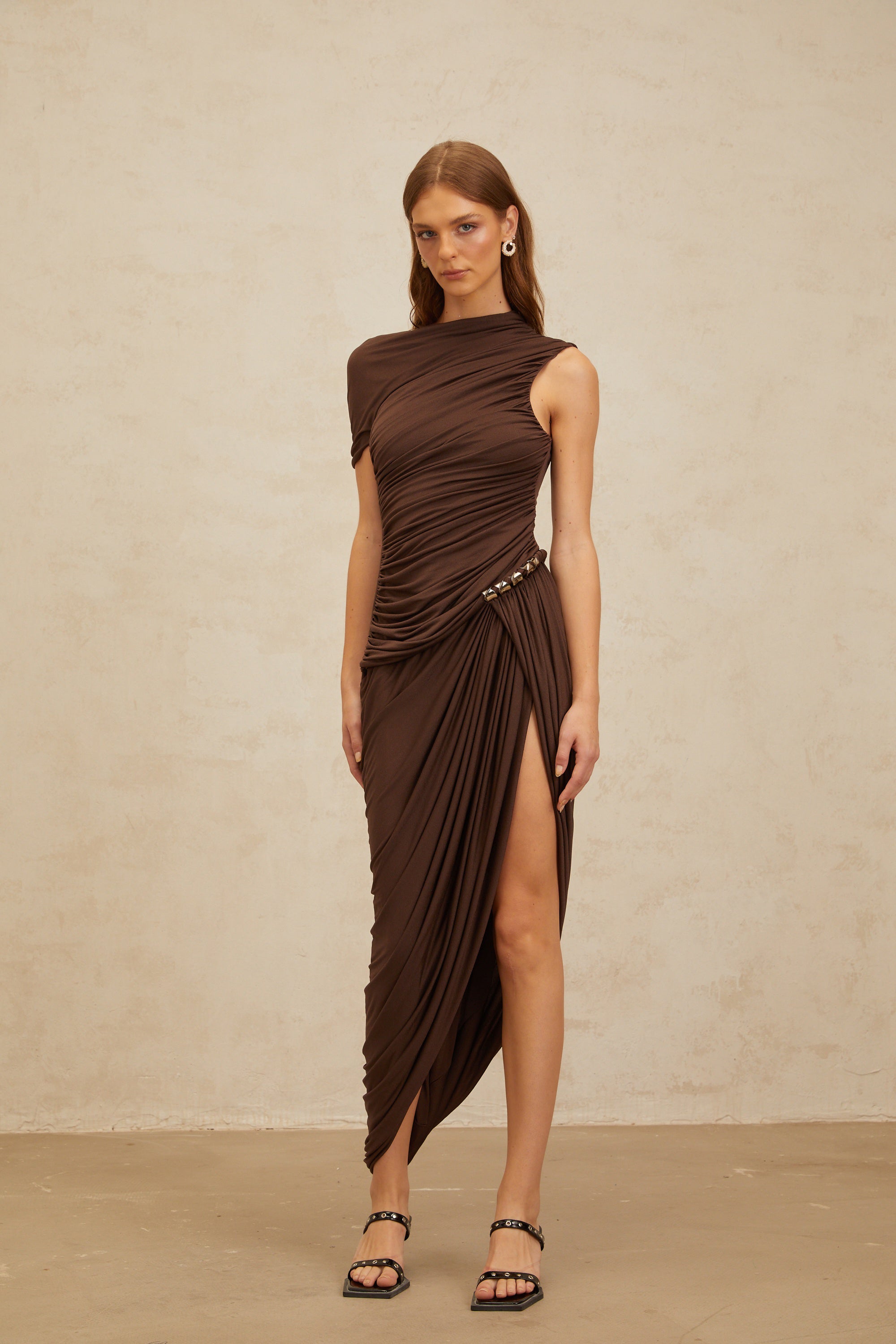 Prune Brown Night Out Asymmetrical Ruched Midi Dress