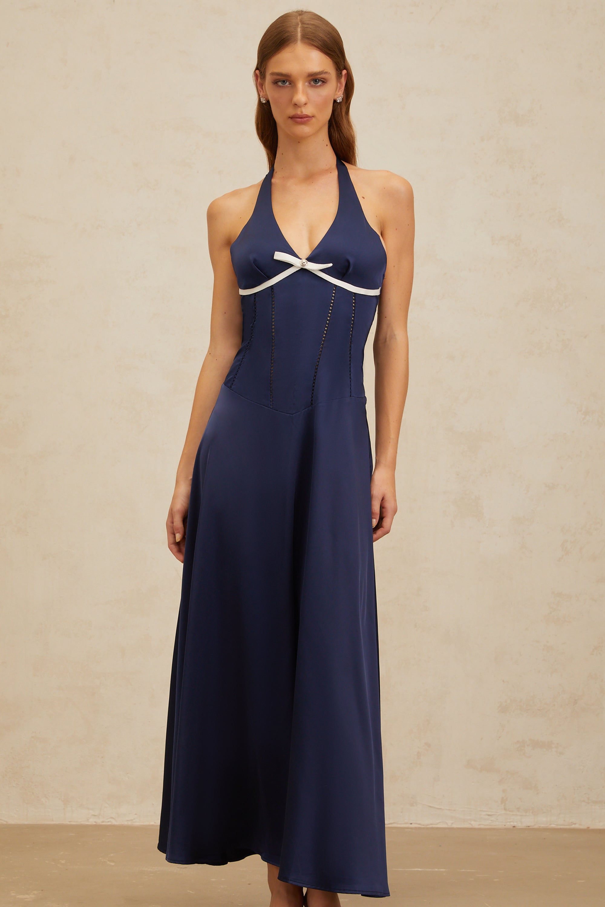 Vérane Sapphire Bowknot Satin Maxi Dress