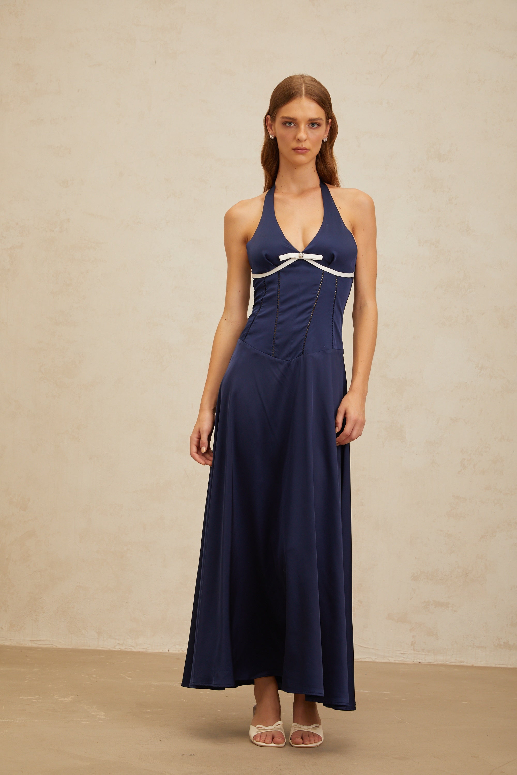 Vérane Sapphire Bowknot Satin Maxi Dress