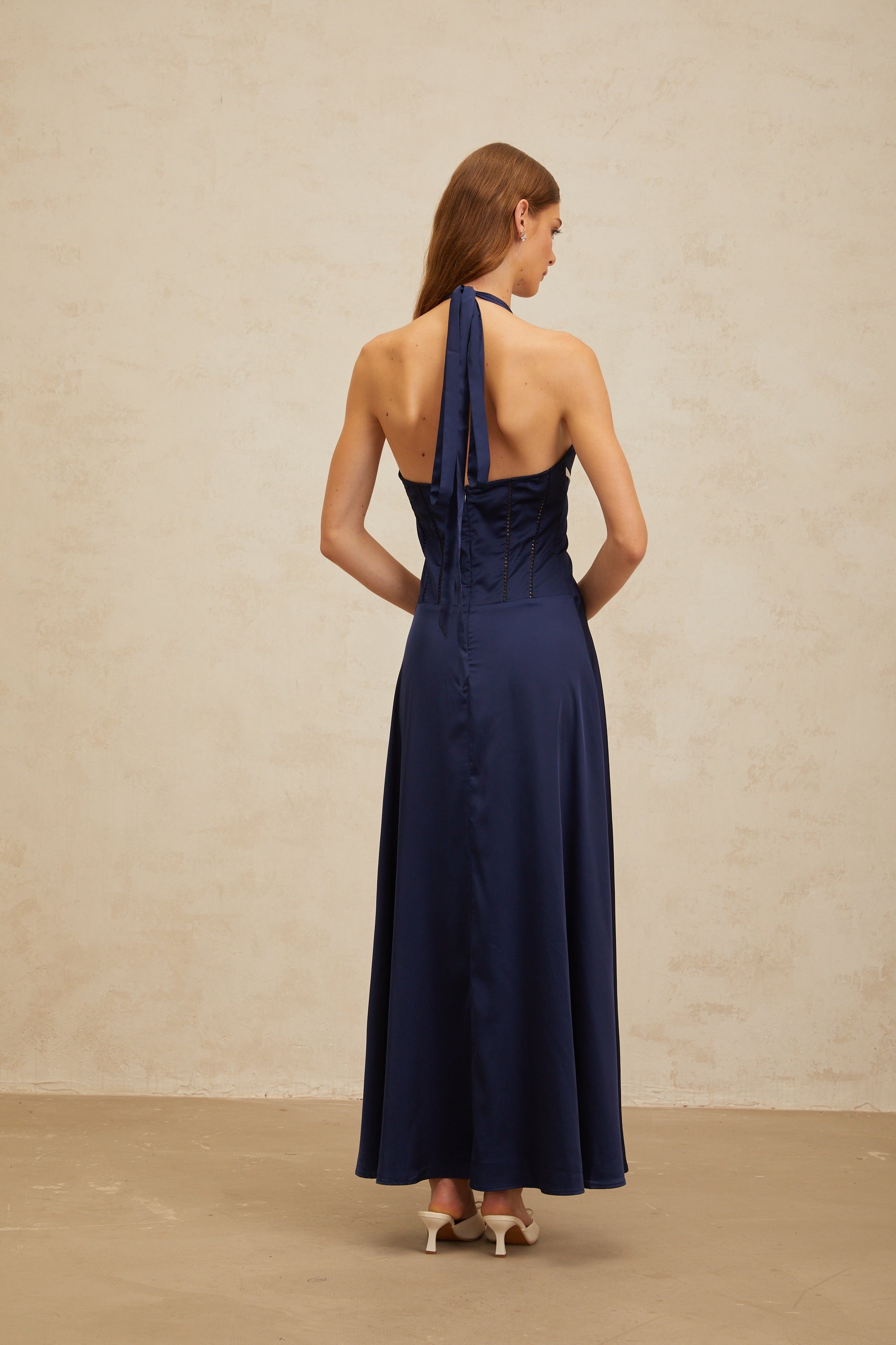 Vérane Sapphire Bowknot Satin Maxi Dress