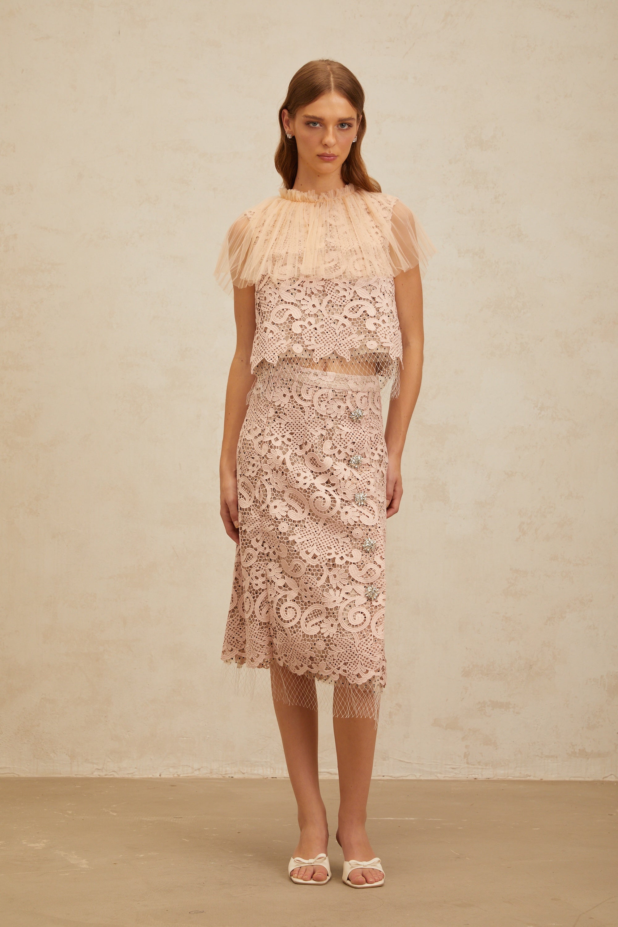 Estelle Pink Corded Lace Top & Skirt Set