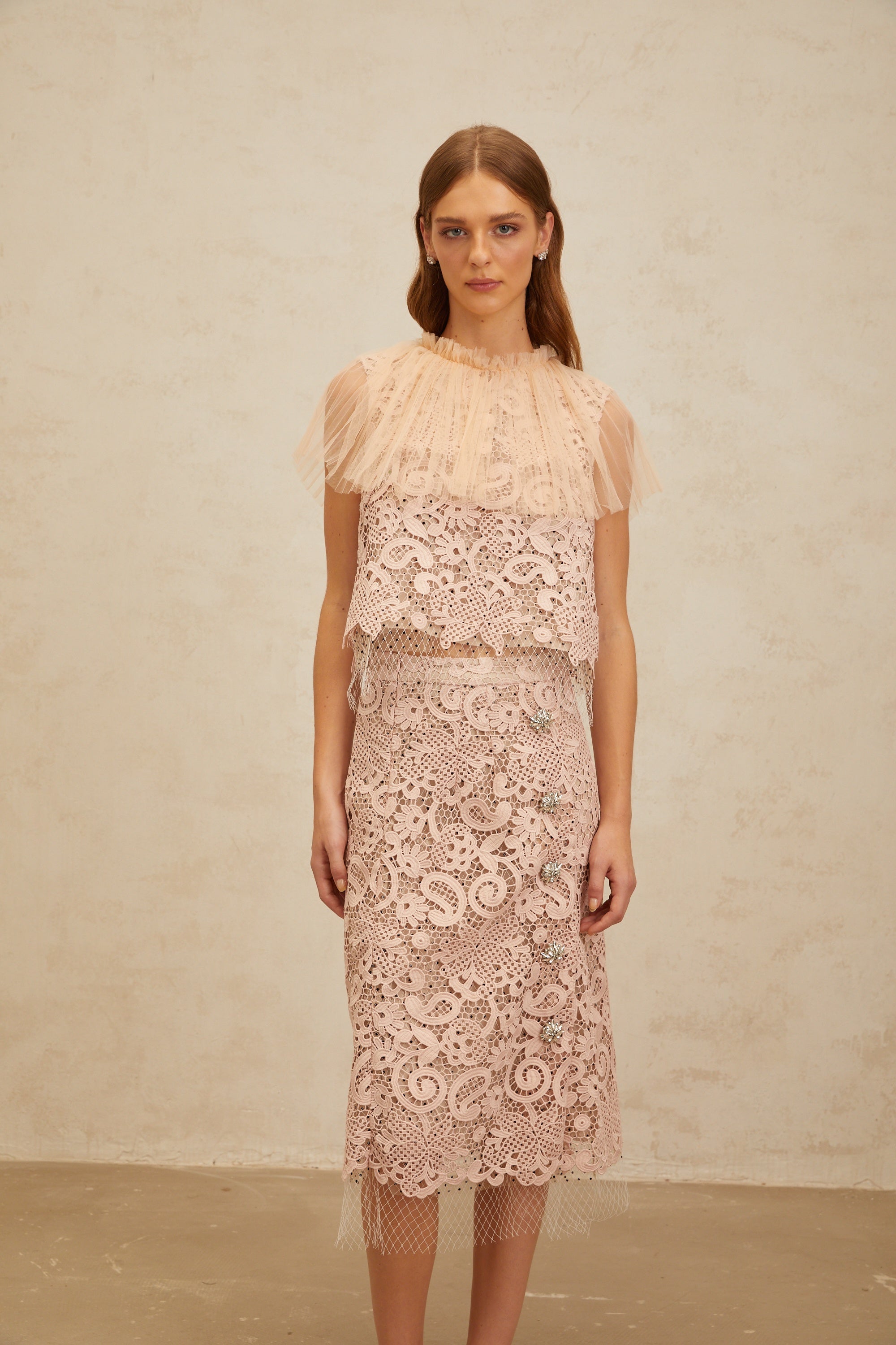 Estelle Pink Corded Lace Top & Skirt Set