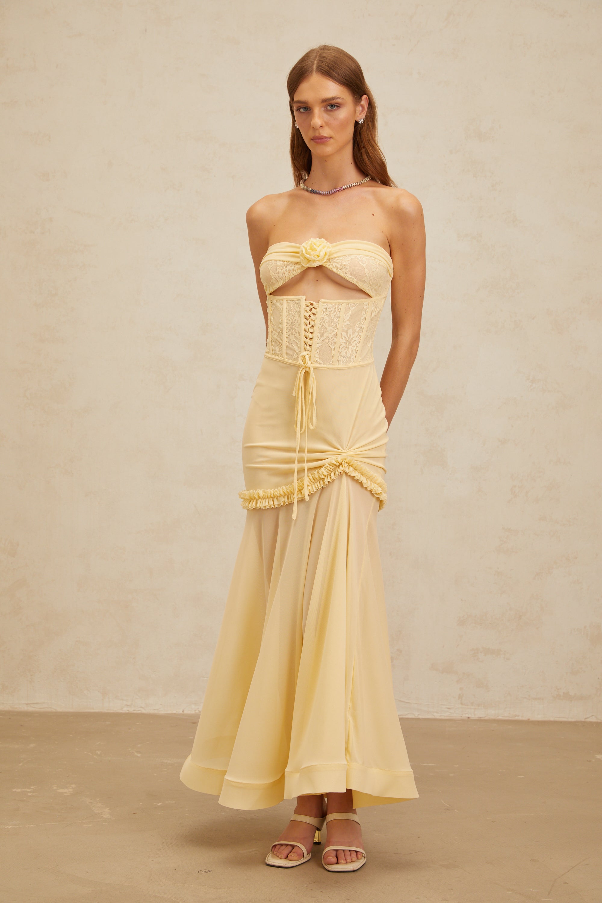 Estelle Yellow Lace Panel Corset Maxi Dress