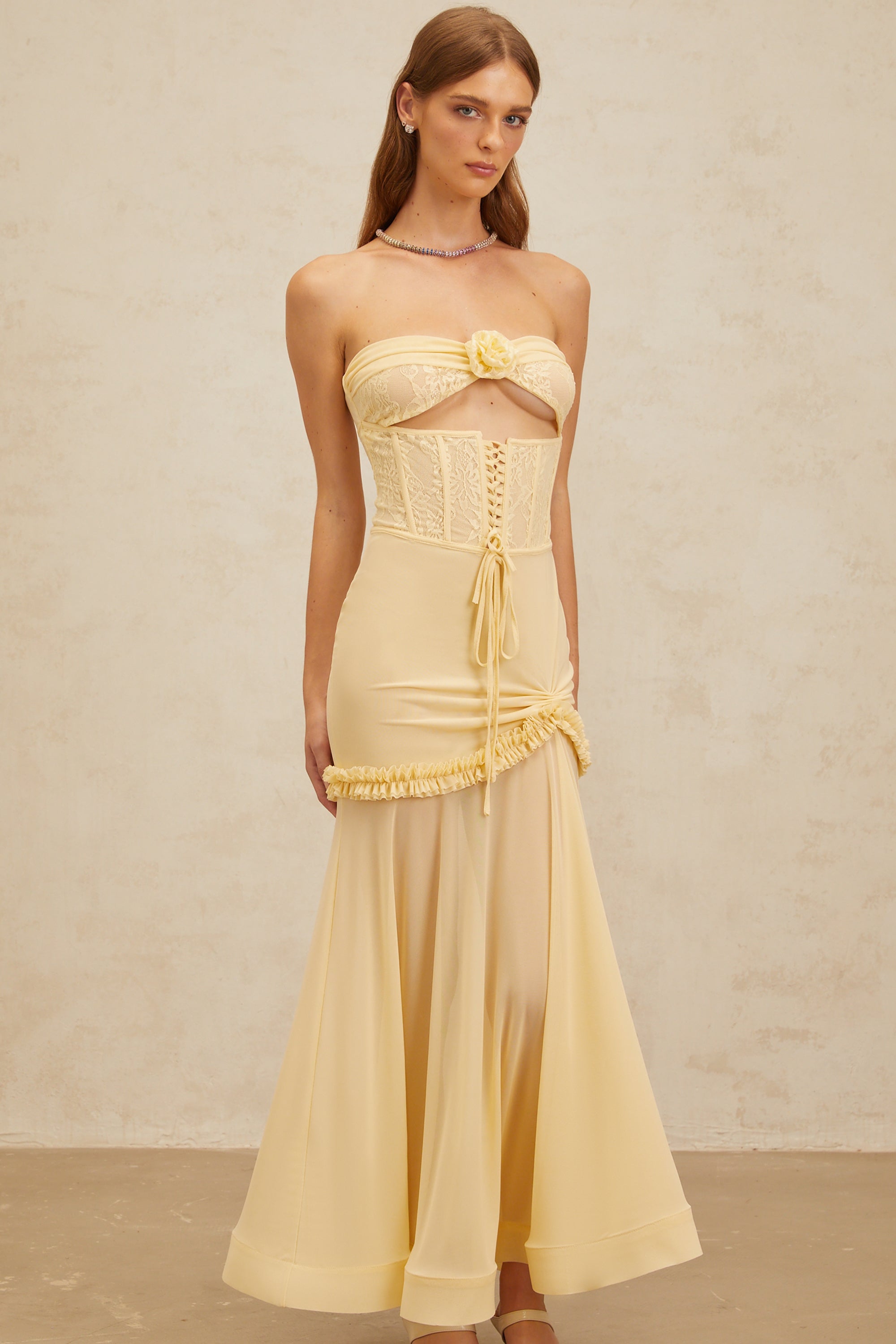 Estelle Yellow Lace Panel Corset Maxi Dress