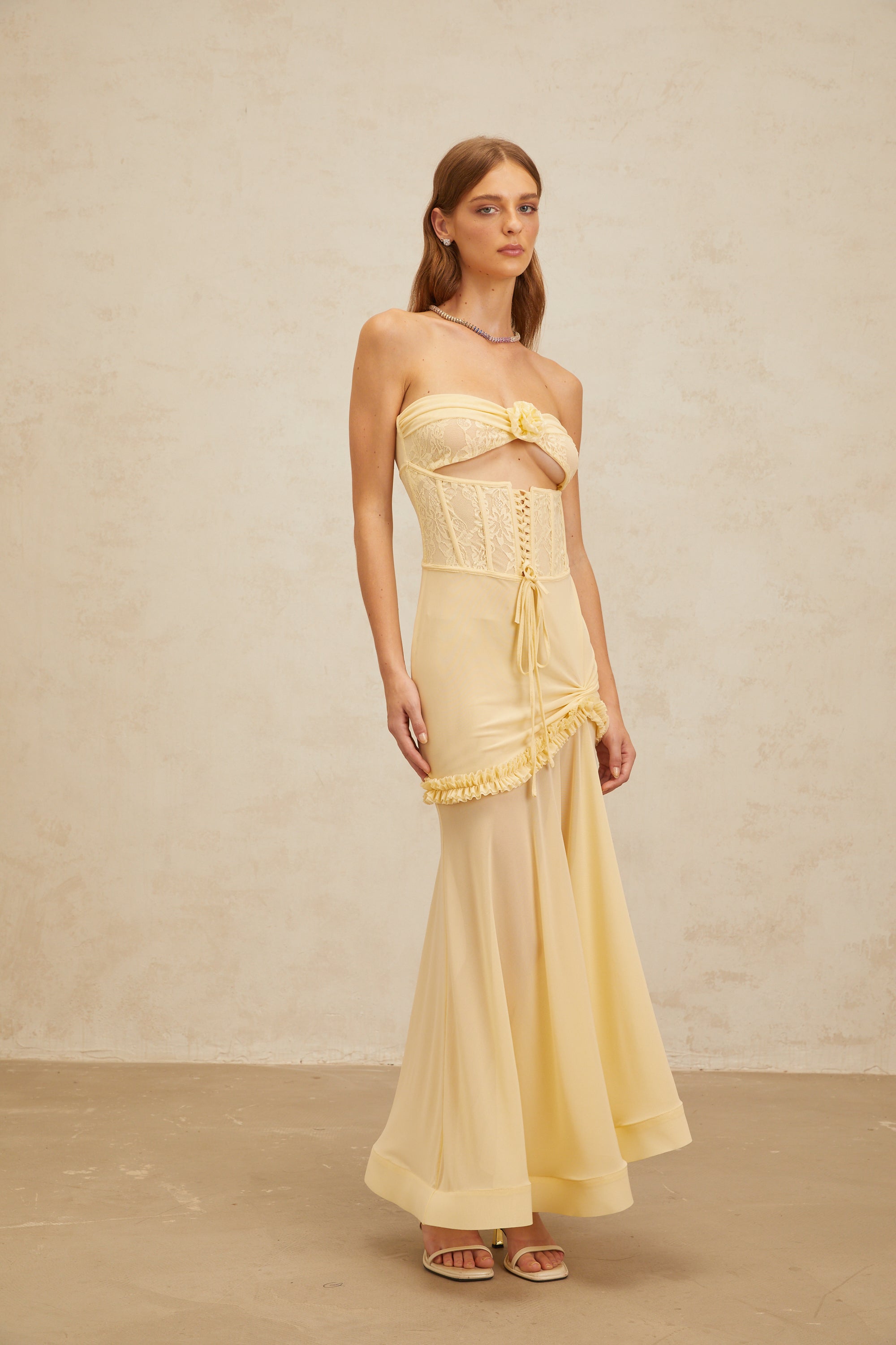 Estelle Yellow Lace Panel Corset Maxi Dress