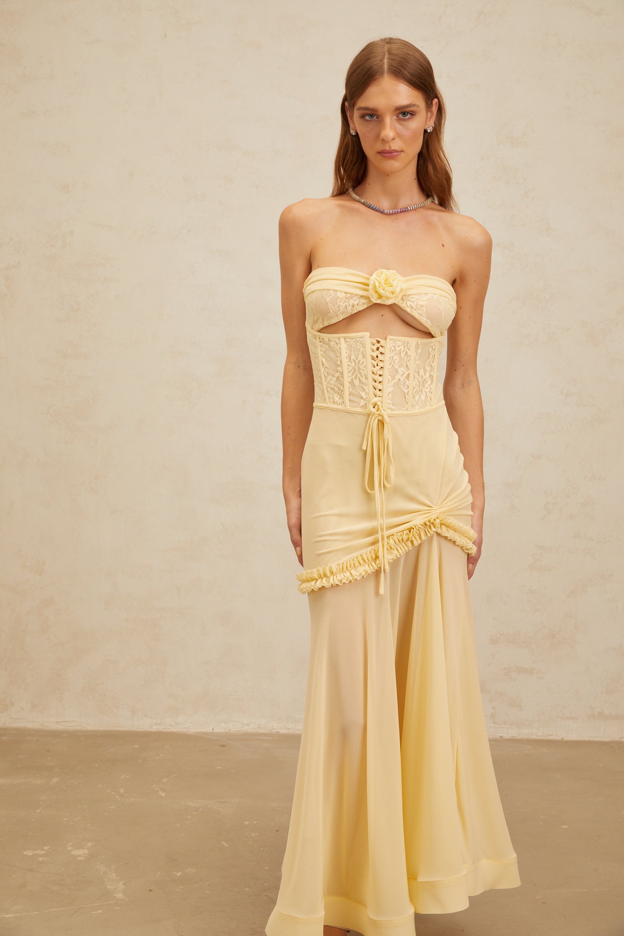 Estelle Yellow Lace Panel Corset Maxi Dress