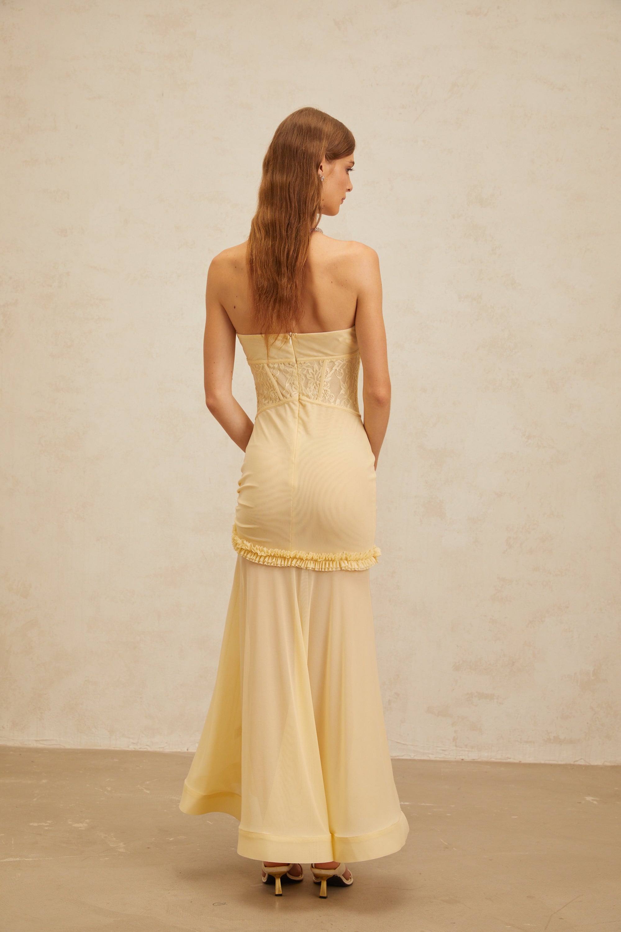 Estelle Yellow Lace Panel Corset Maxi Dress