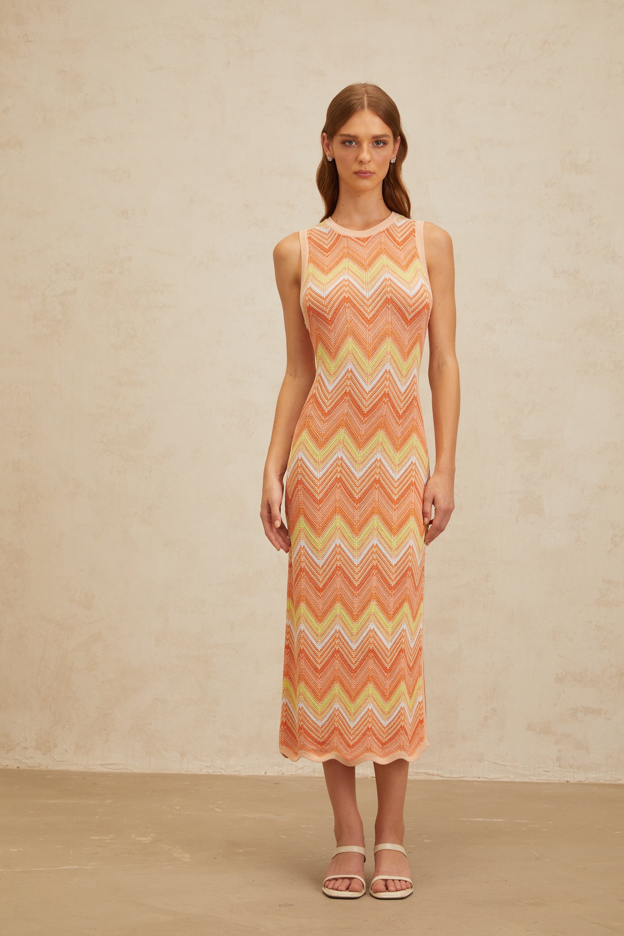 Solène Orange Chevron Knit Midi Dress