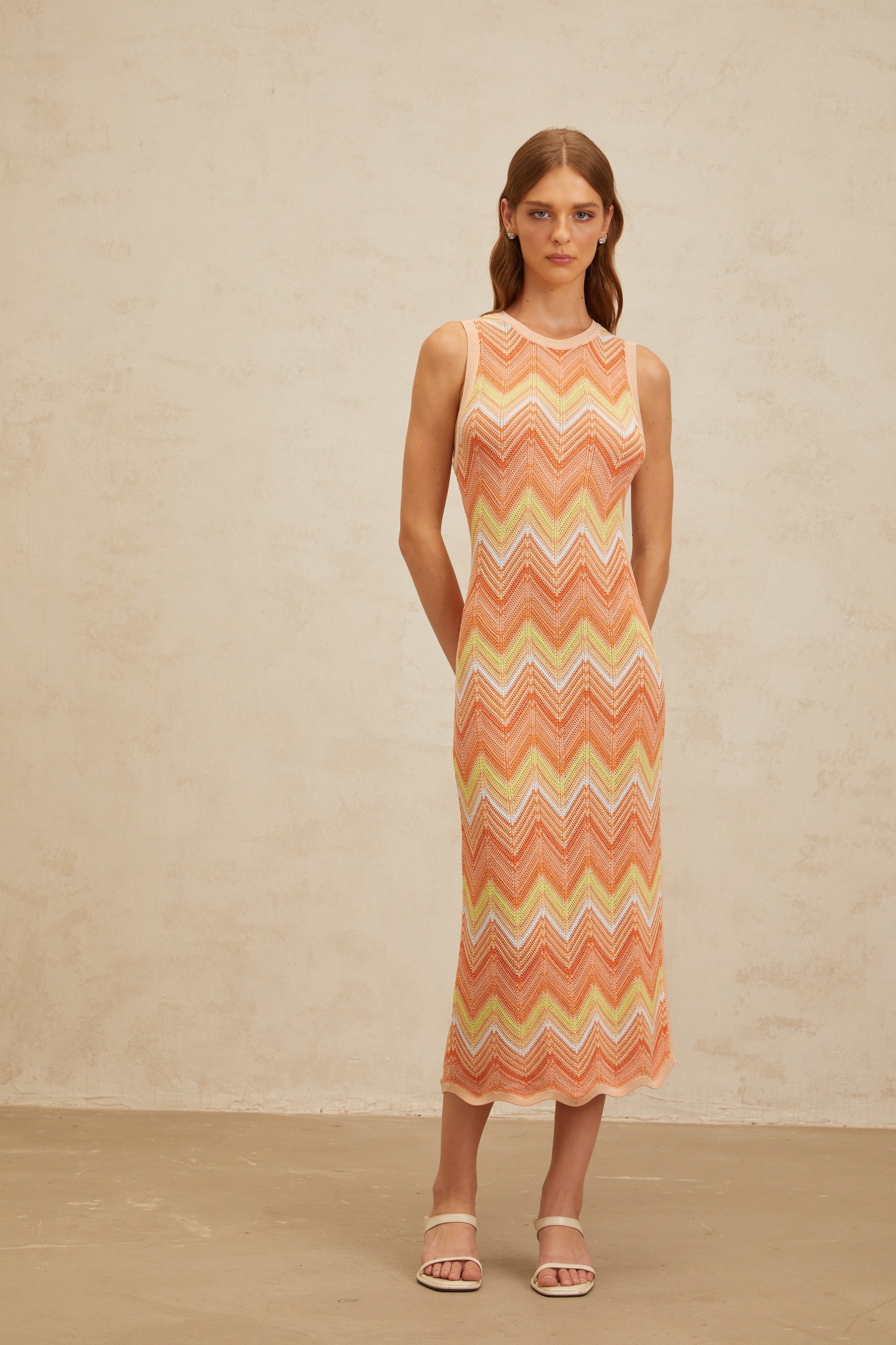 Solène Orange Chevron Knit Midi Dress