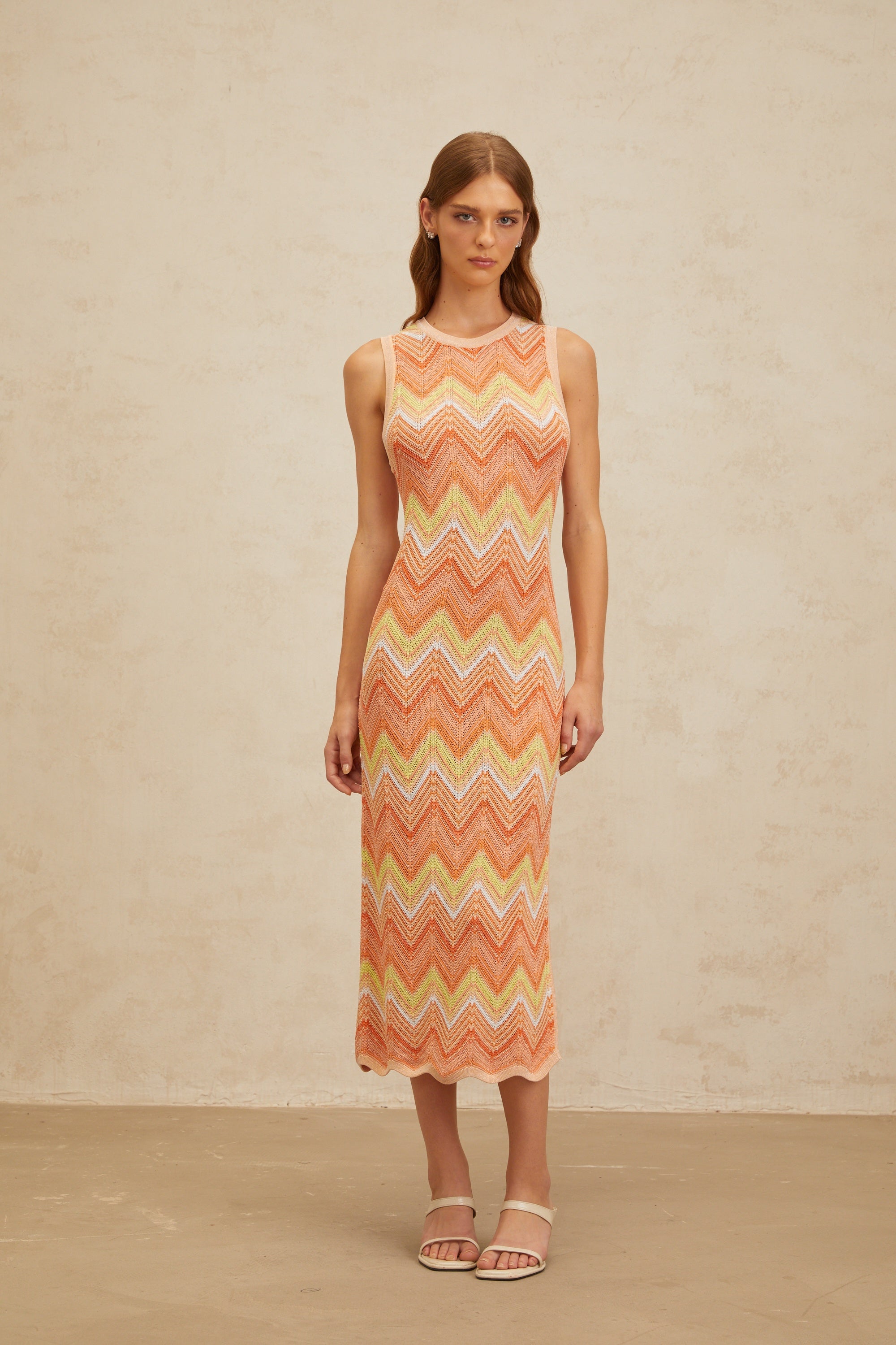 Solène Orange Chevron Knit Midi Dress