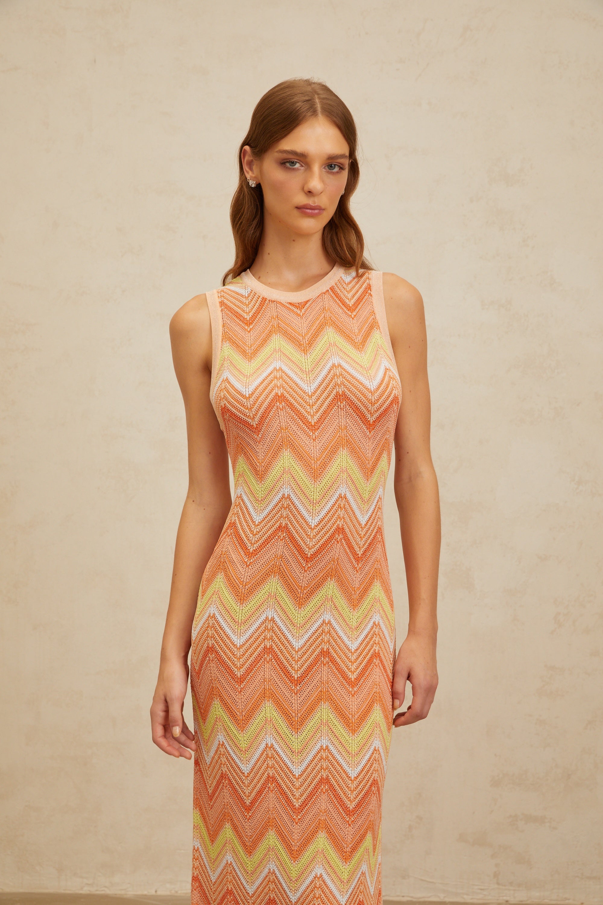 Solène Orange Chevron Knit Midi Dress