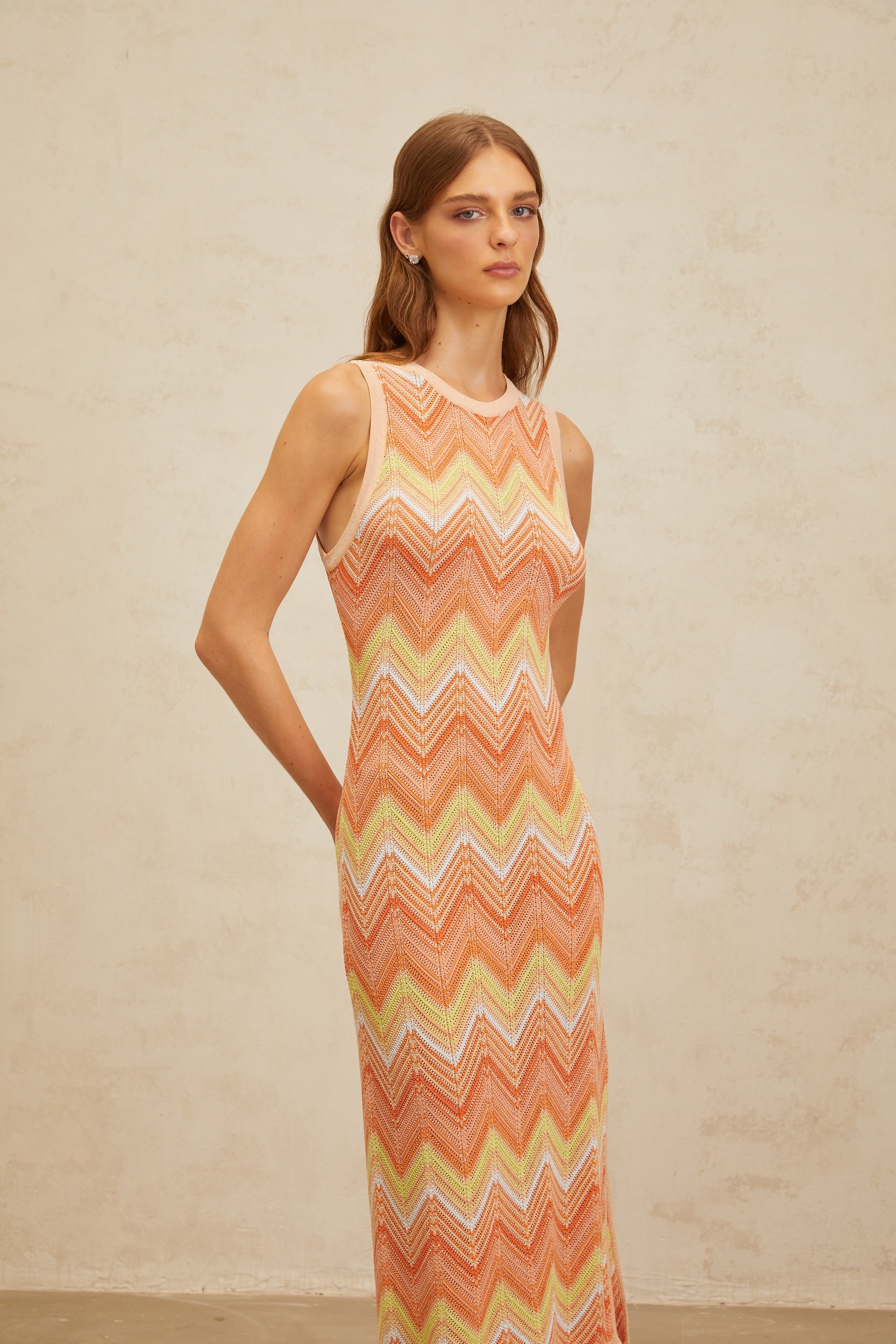 Solène Orange Chevron Knit Midi Dress