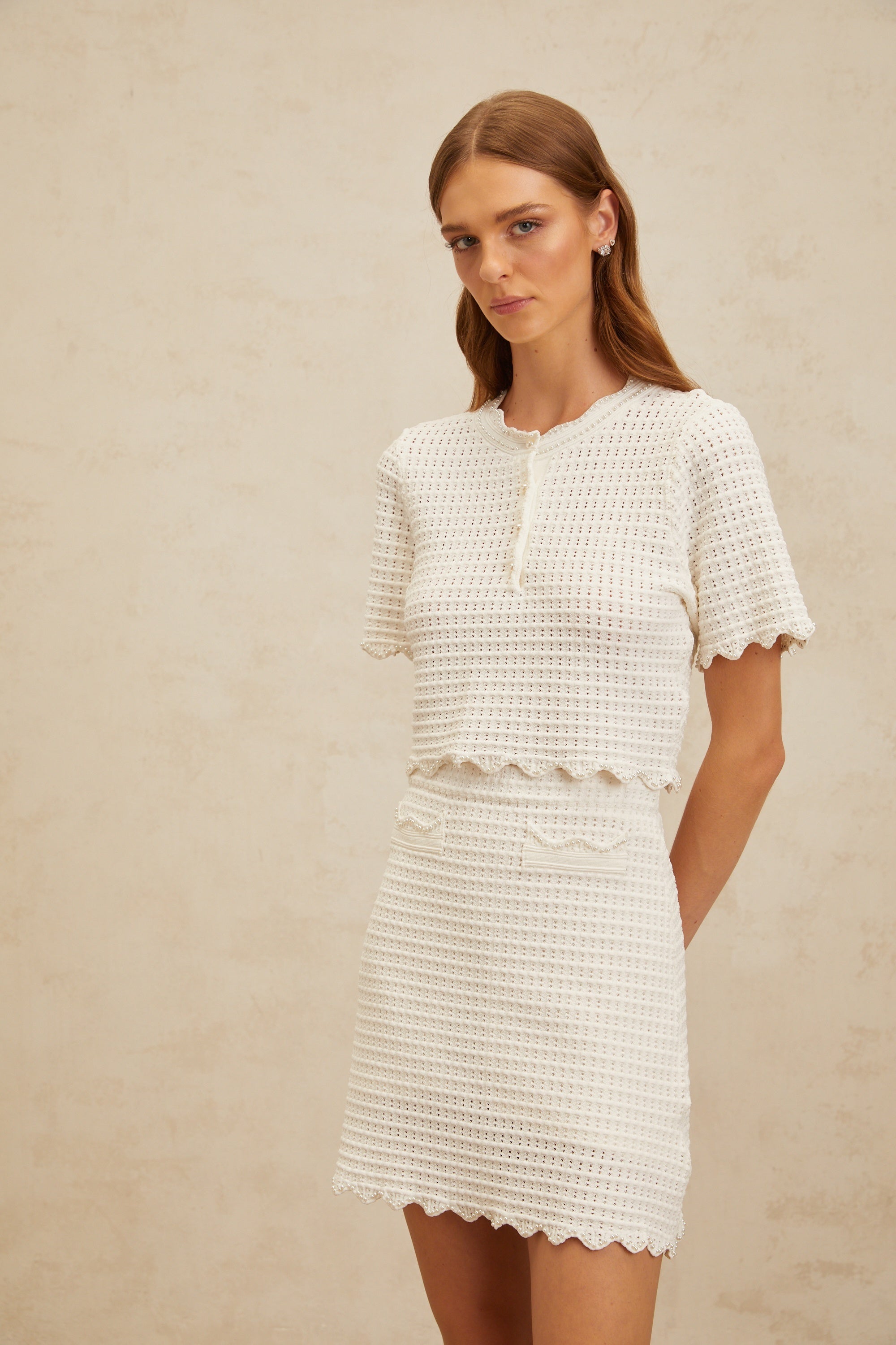 Maxanne cream-white ruffled pointelle-knit top & skirt matching set