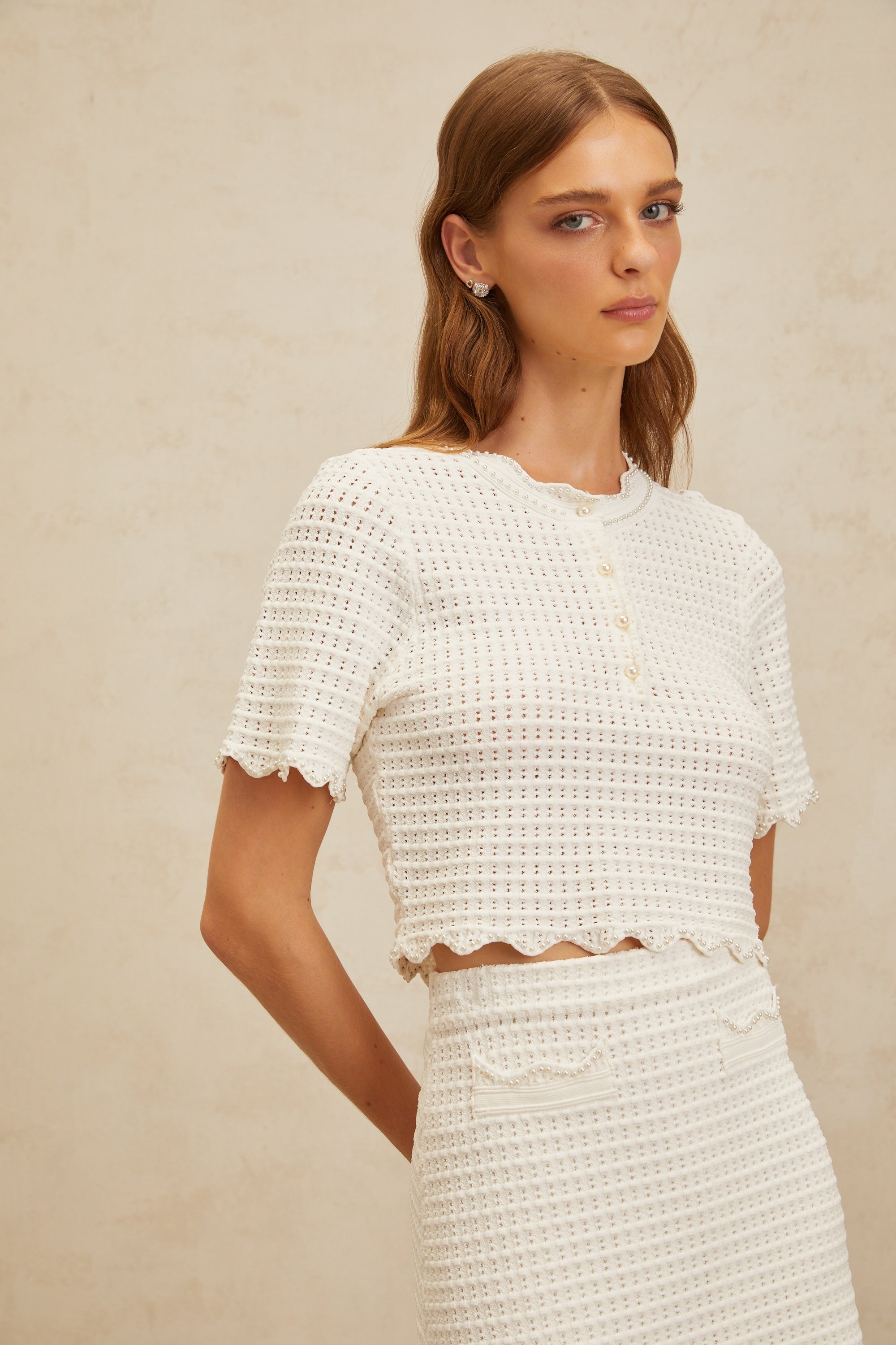 Maxanne cream-white ruffled pointelle-knit top & skirt matching set