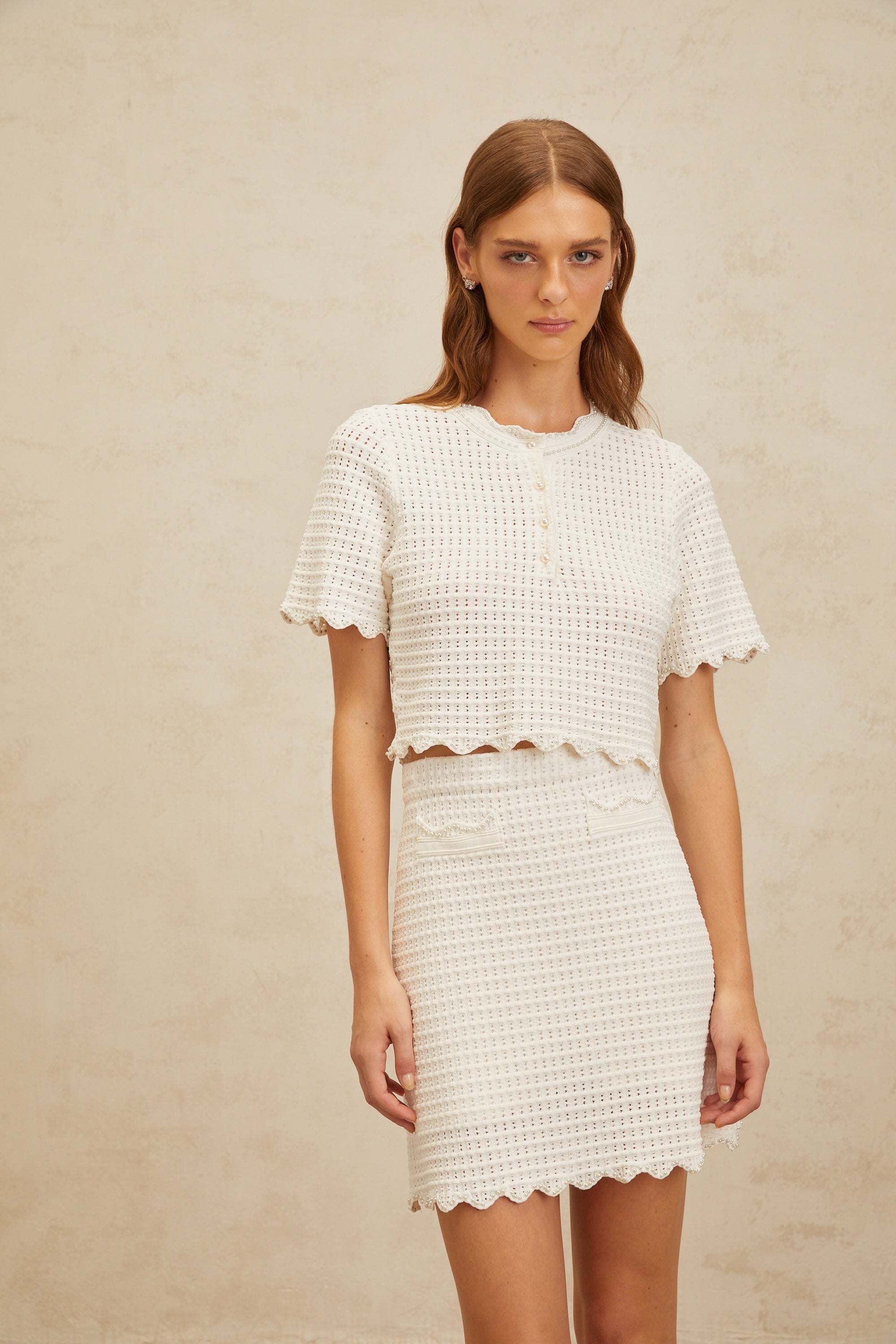 Maxanne cream-white ruffled pointelle-knit top & skirt matching set