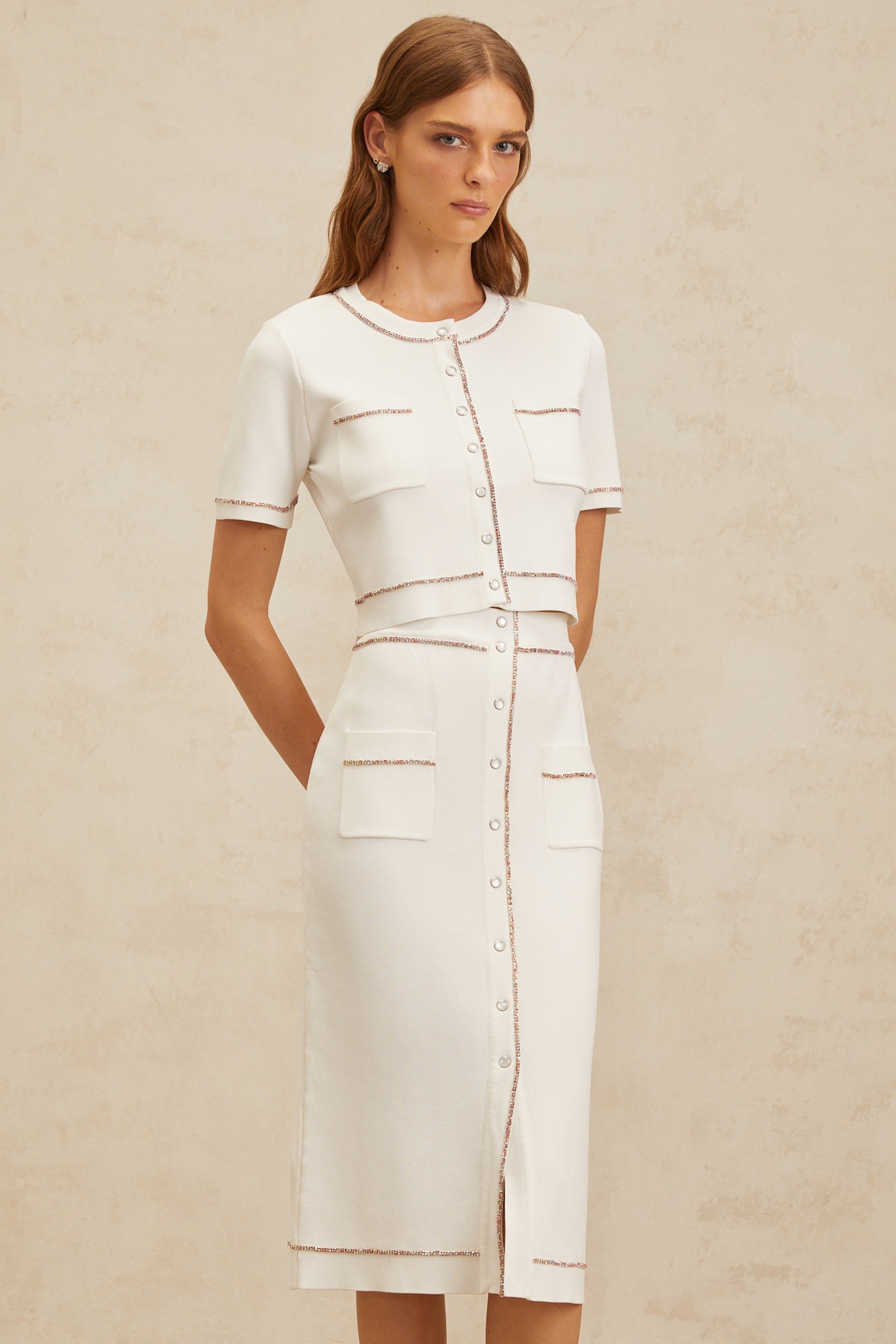 Clotilde White embellished Knit Top & Skirt Set