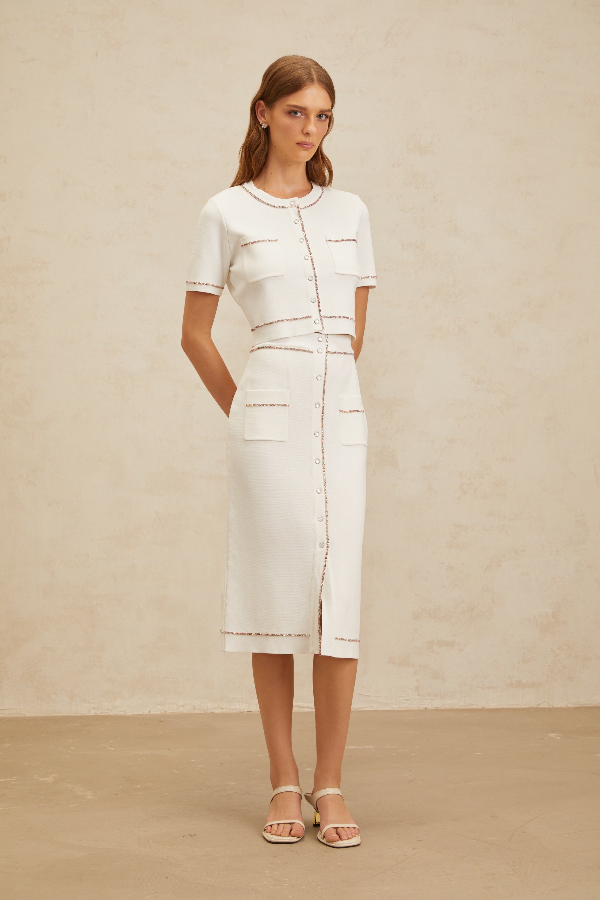 Clotilde White embellished Knit Top & Skirt Set