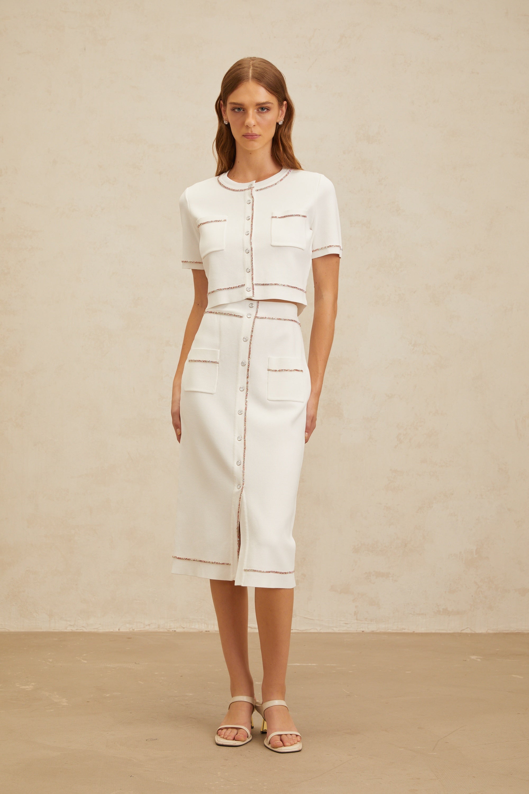 Clotilde White embellished Knit Top & Skirt Set