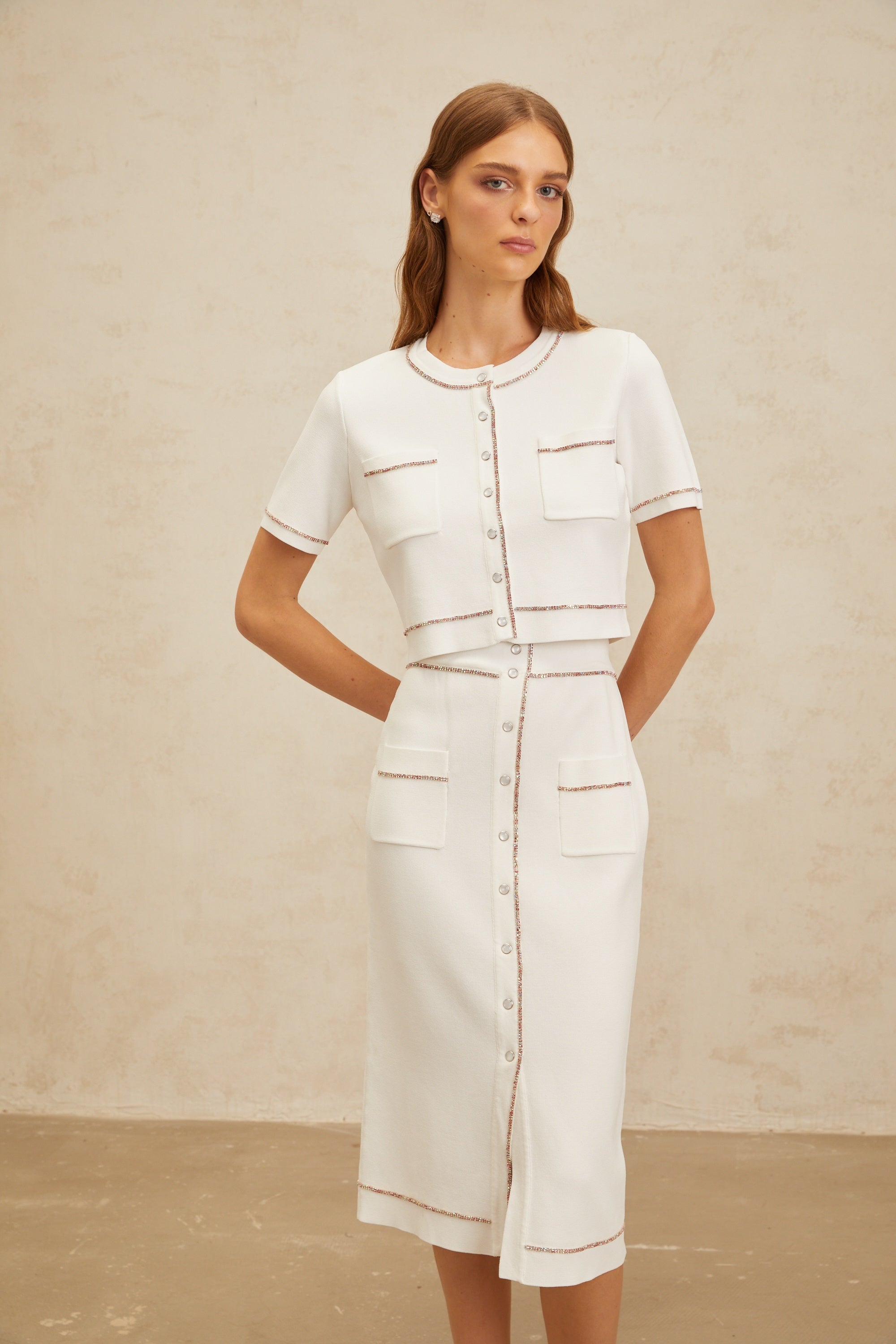 Clotilde White embellished Knit Top & Skirt Set