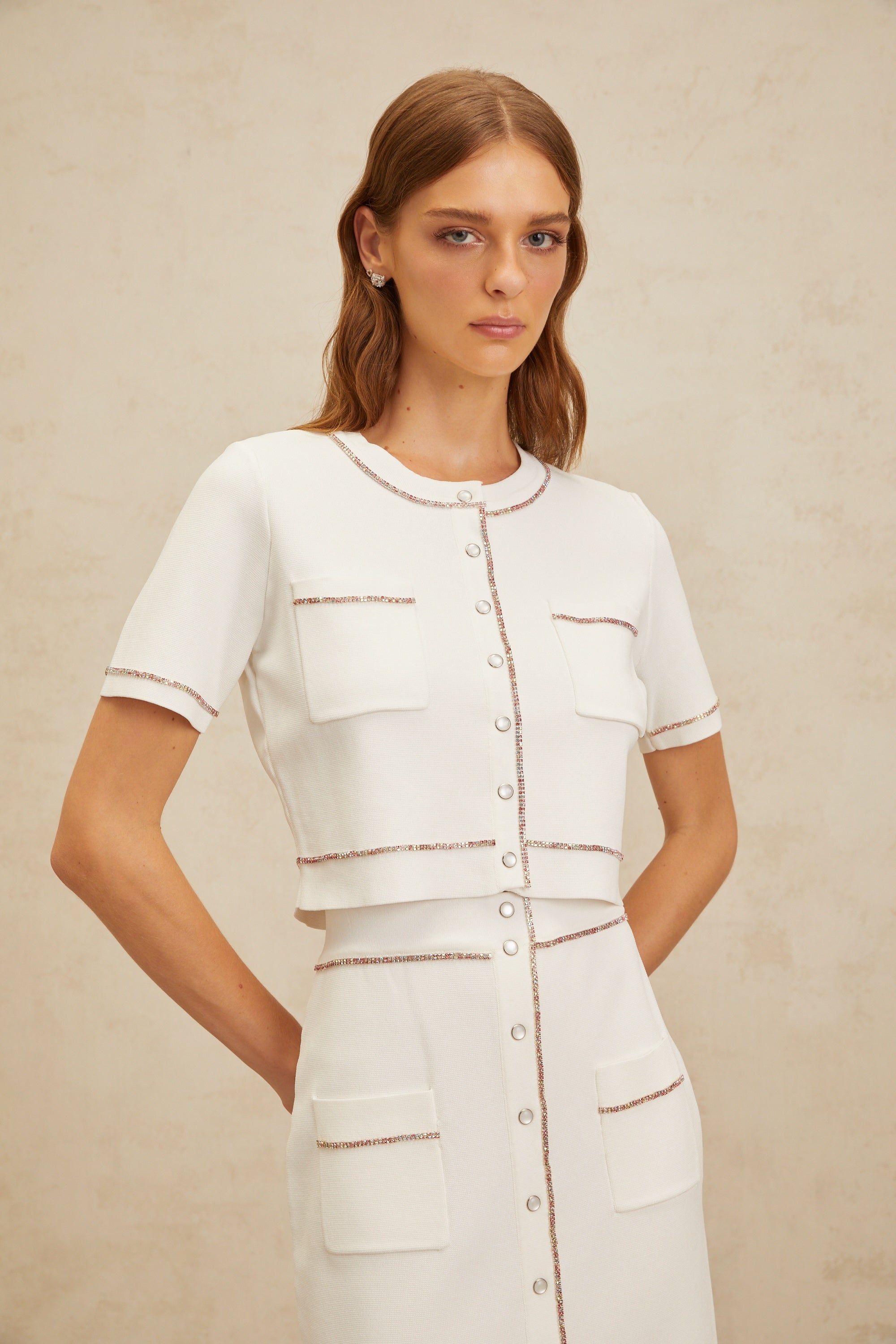 Clotilde White embellished Knit Top & Skirt Set