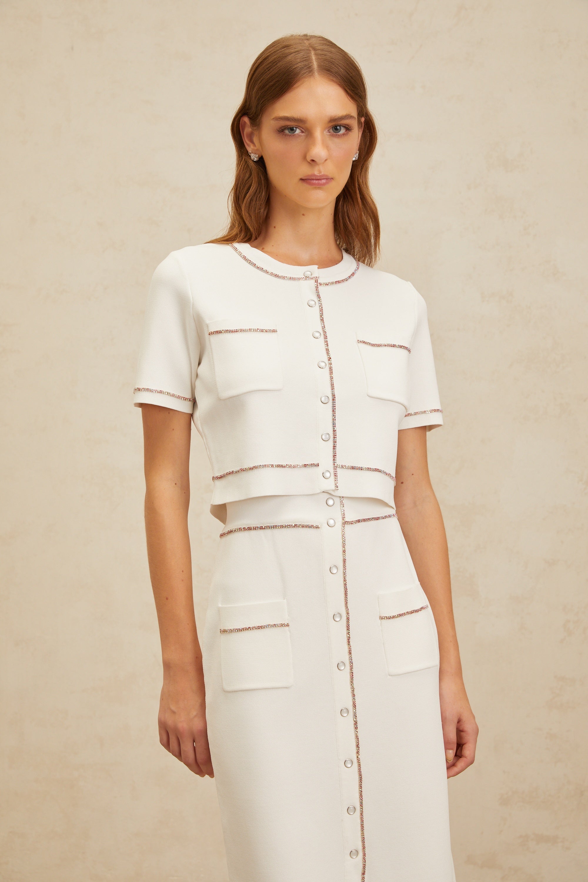 Clotilde White embellished Knit Top & Skirt Set