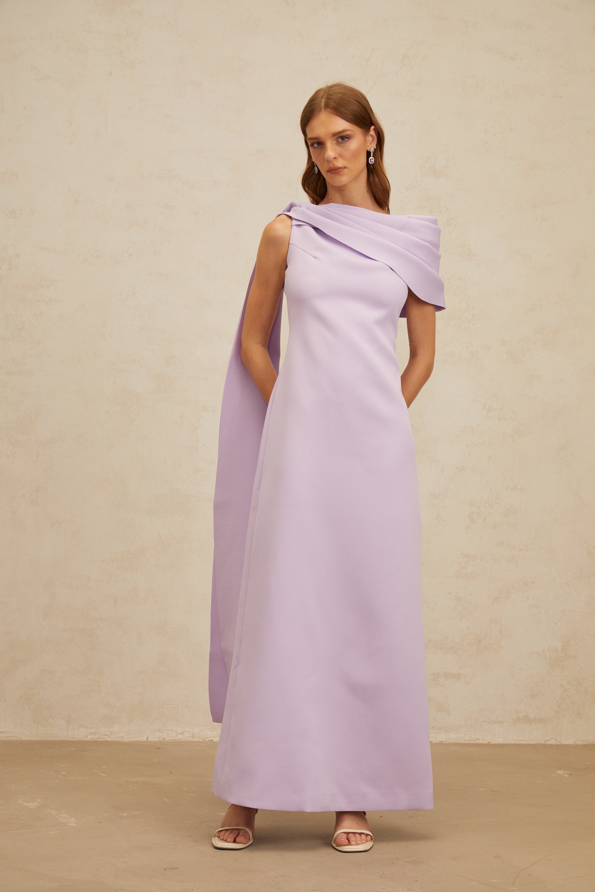Annabelle Purple Cape-Design Ribbon Maxi Dress