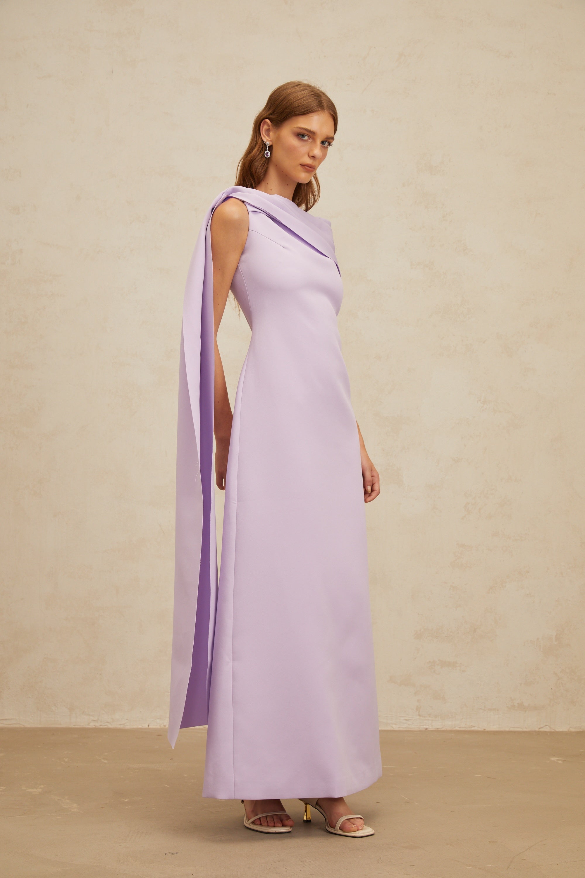 Annabelle Purple Cape-Design Ribbon Maxi Dress