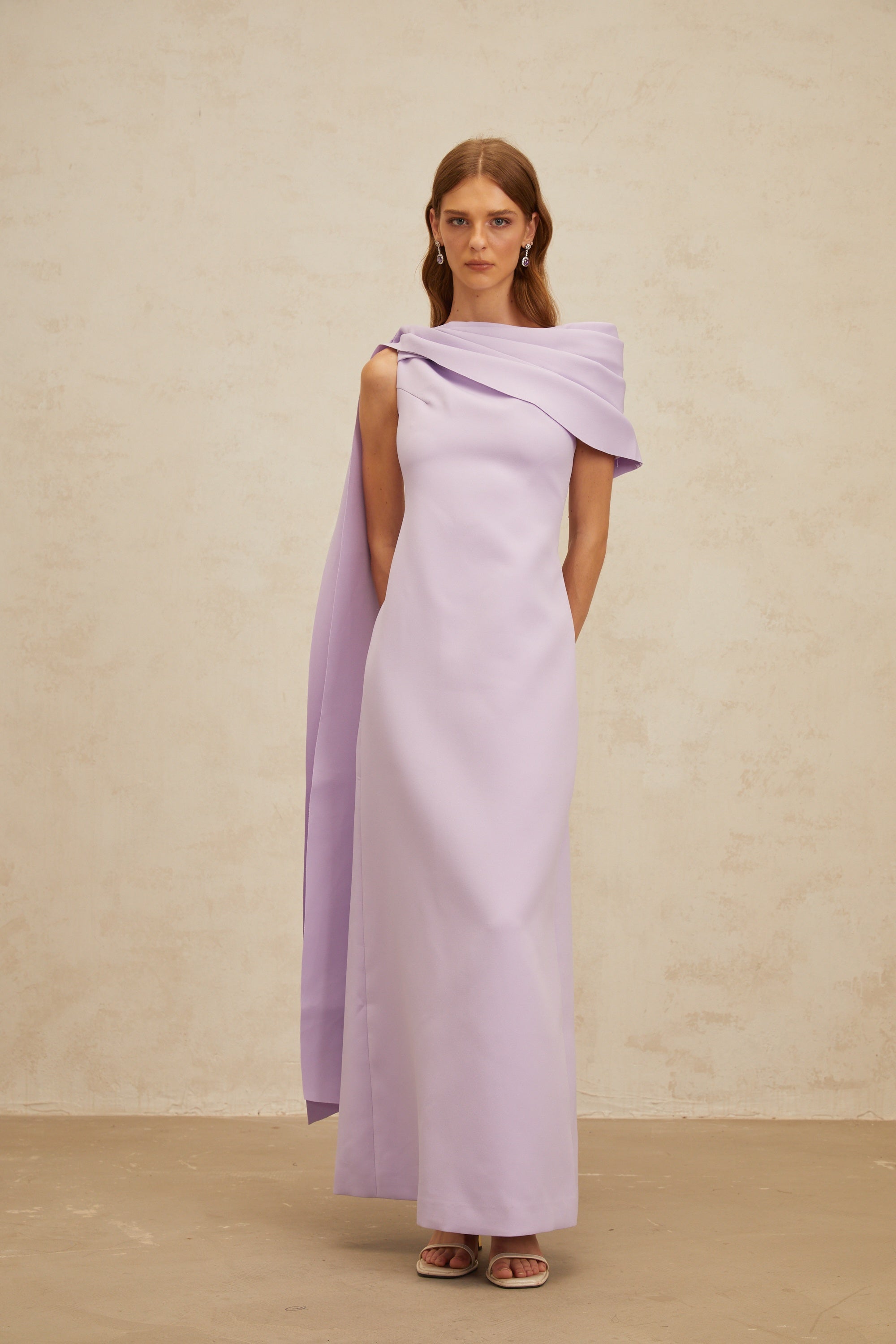 Annabelle Purple Cape-Design Ribbon Maxi Dress
