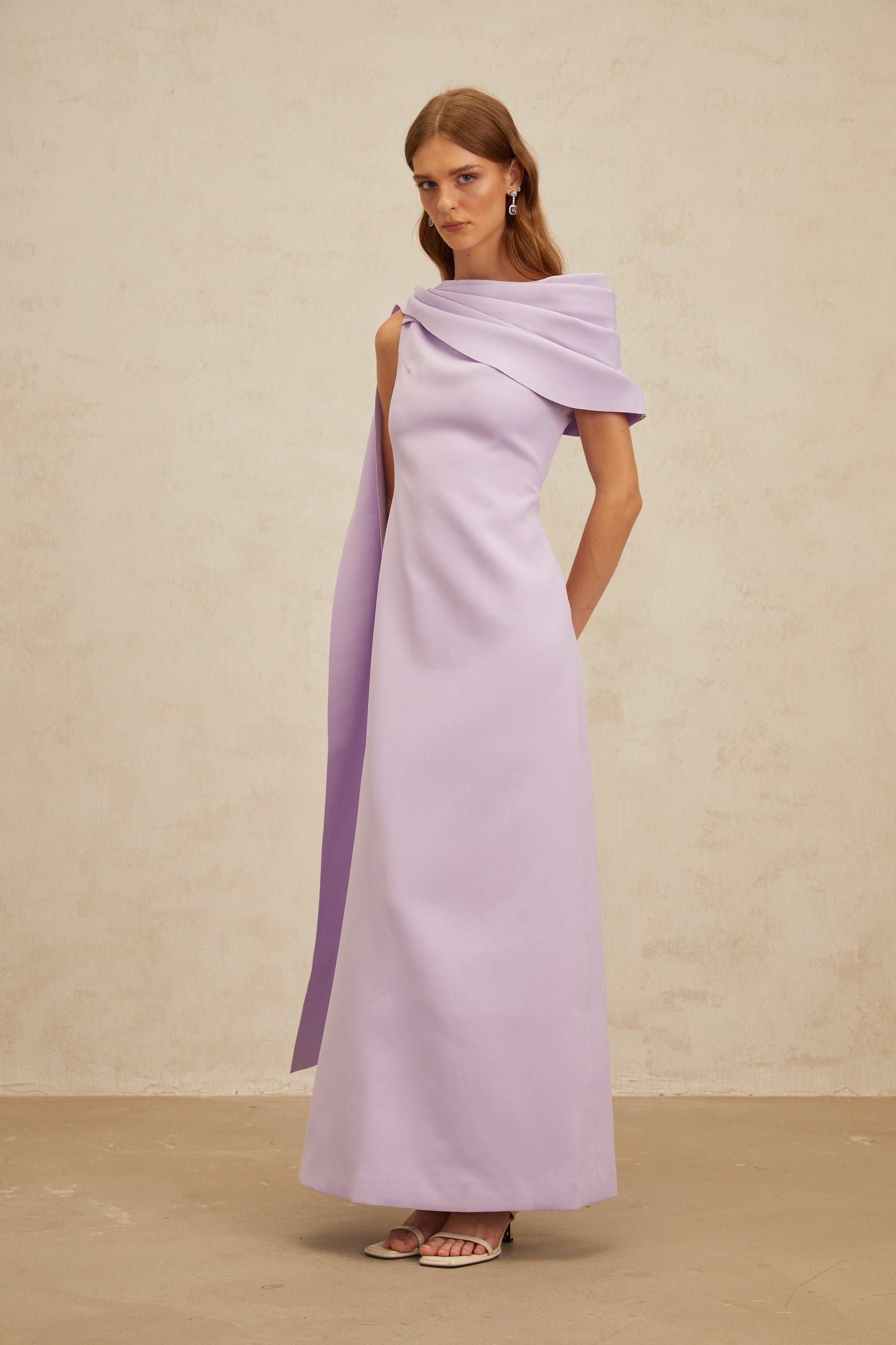Annabelle Purple Cape-Design Ribbon Maxi Dress
