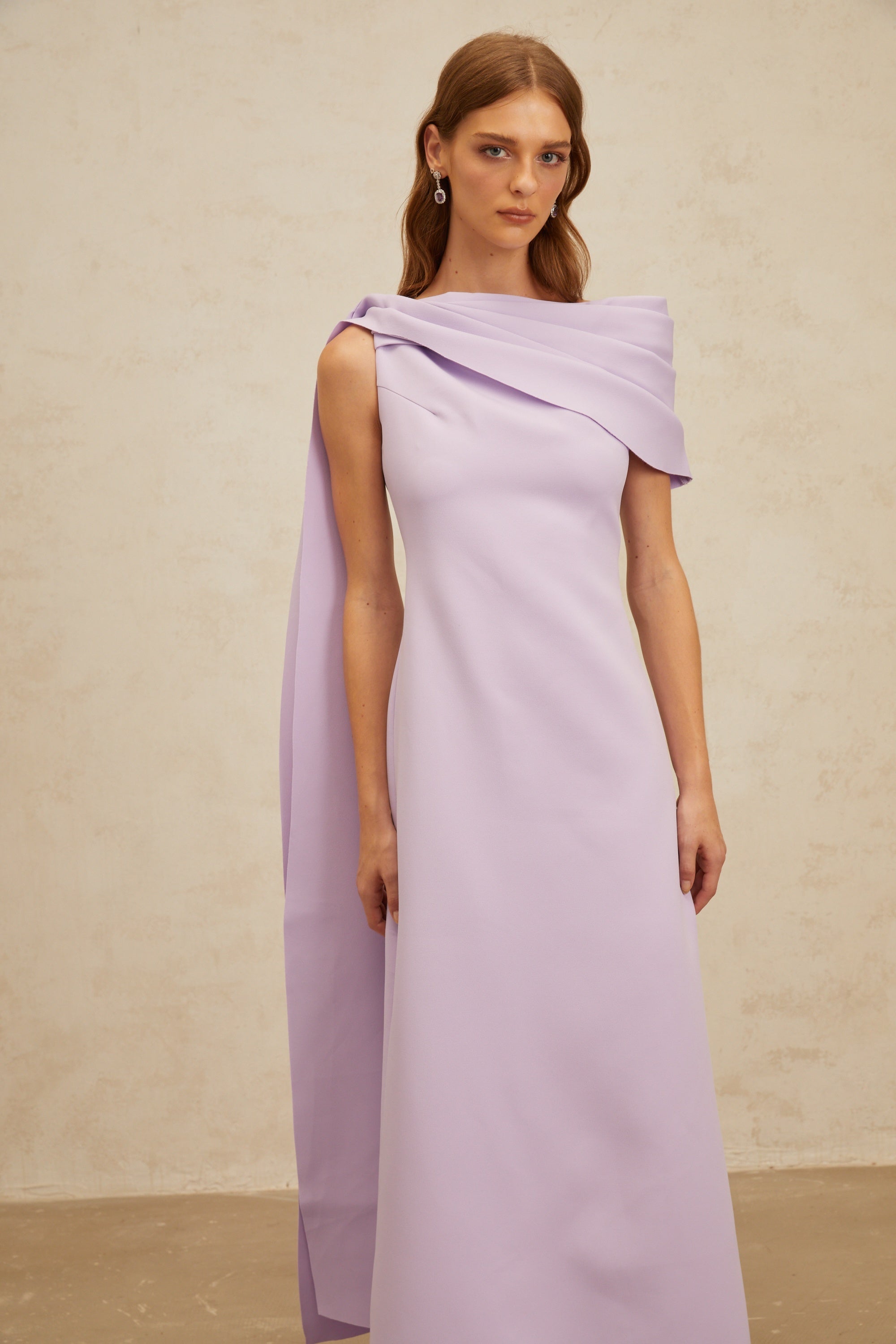 Annabelle Purple Cape-Design Ribbon Maxi Dress