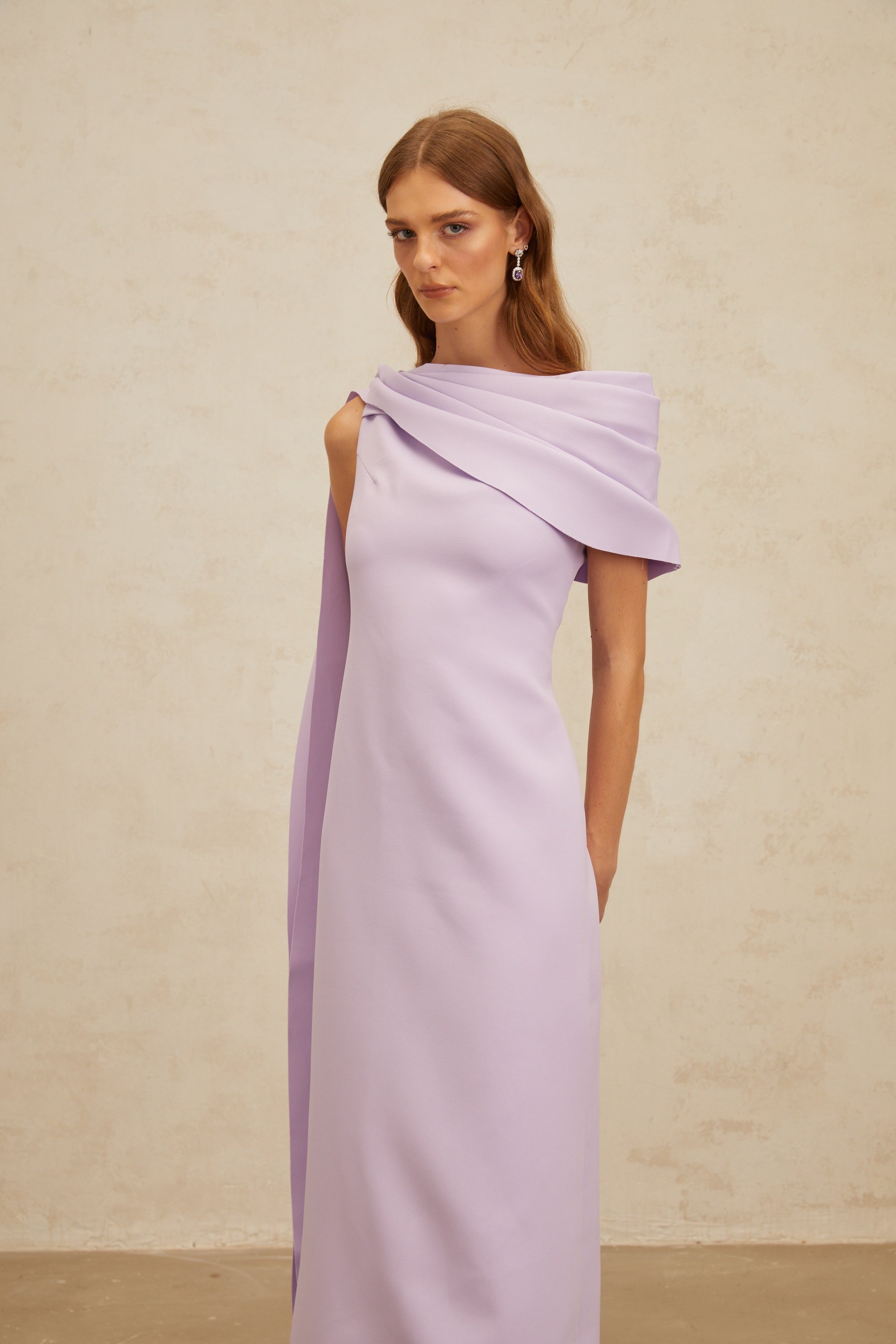 Annabelle Purple Cape-Design Ribbon Maxi Dress