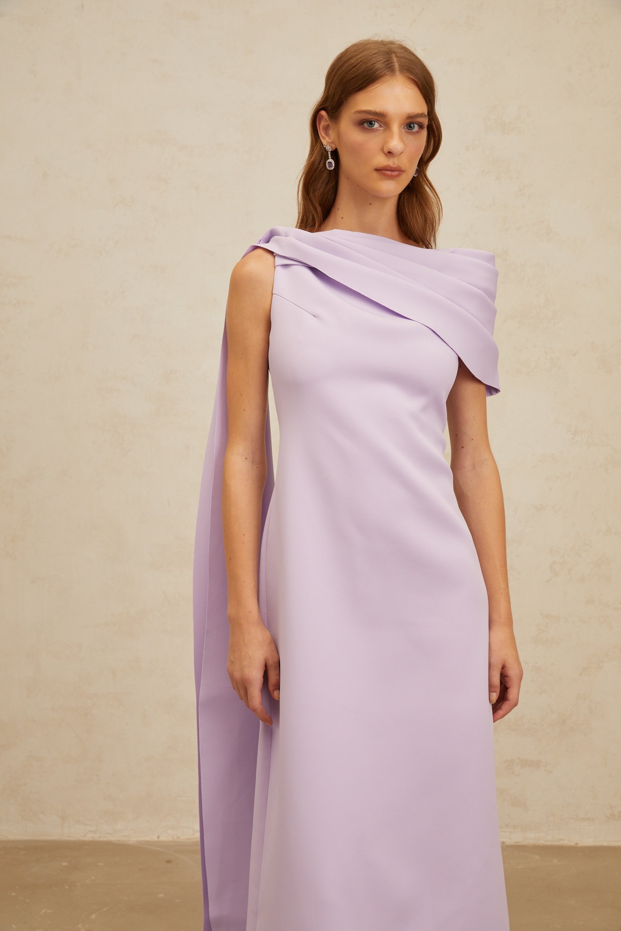 Annabelle Purple Cape-Design Ribbon Maxi Dress