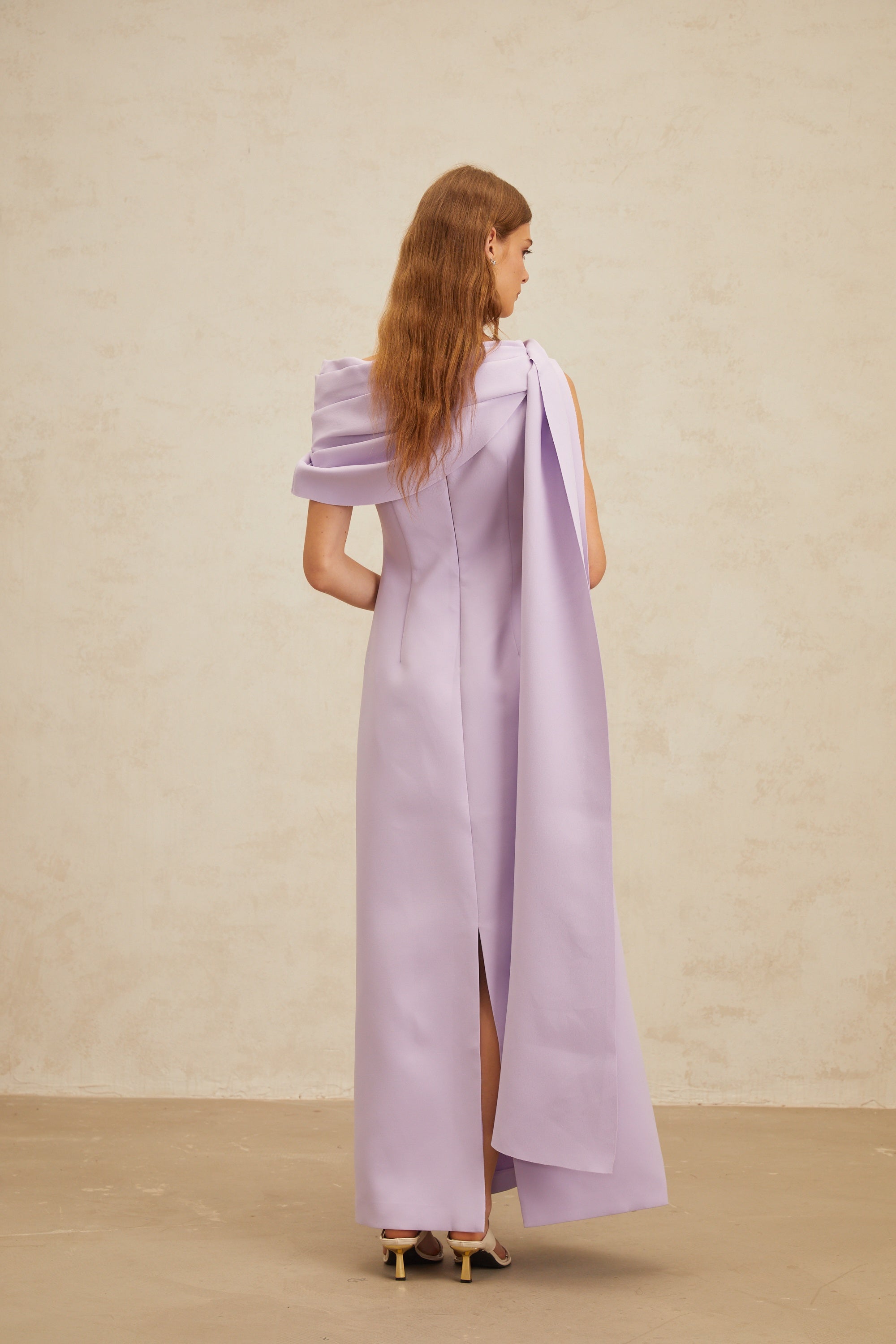 Annabelle Purple Cape-Design Ribbon Maxi Dress
