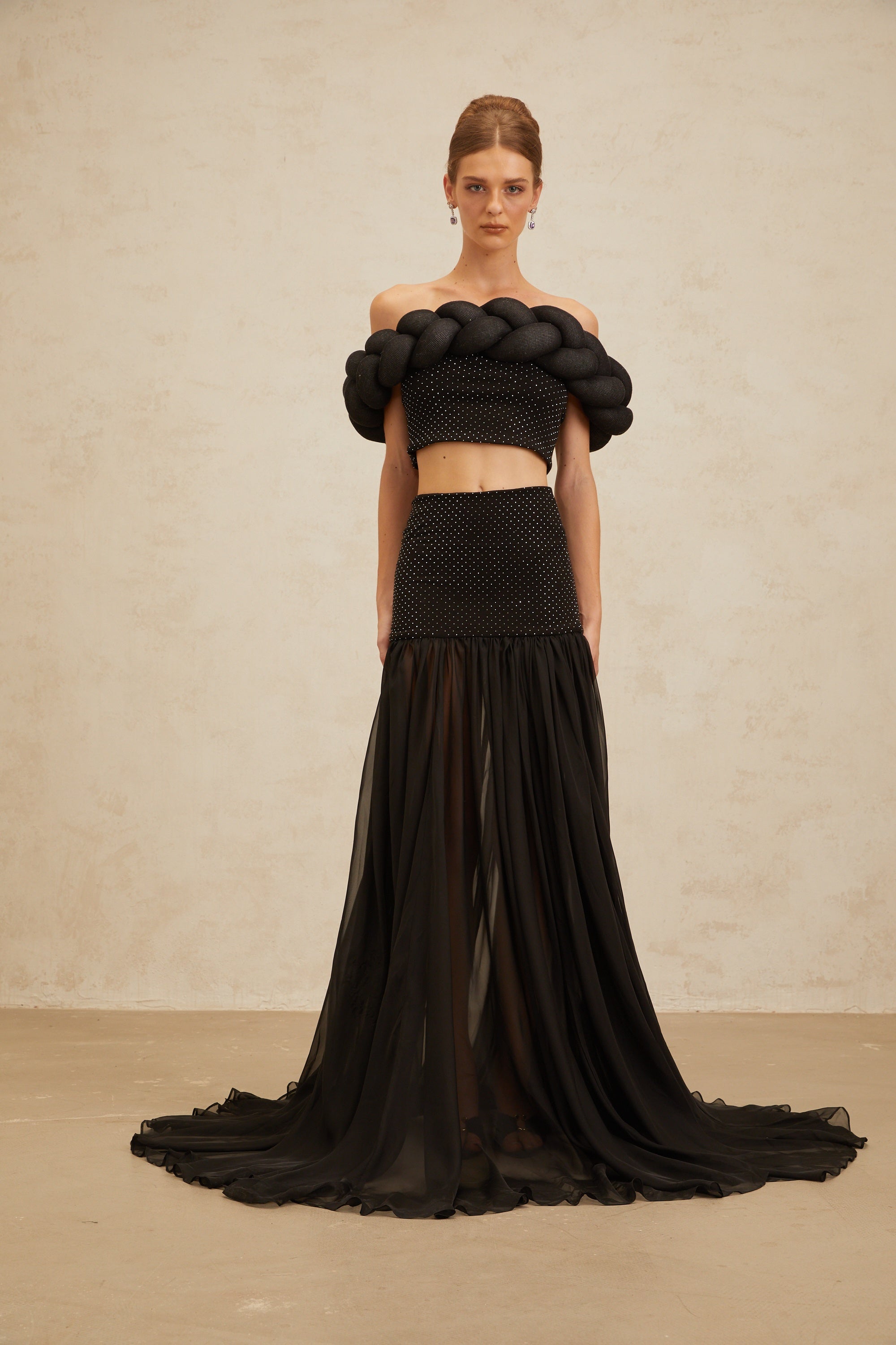 Camille Black Braid-Detail Rhinestone Embellished Crop Top