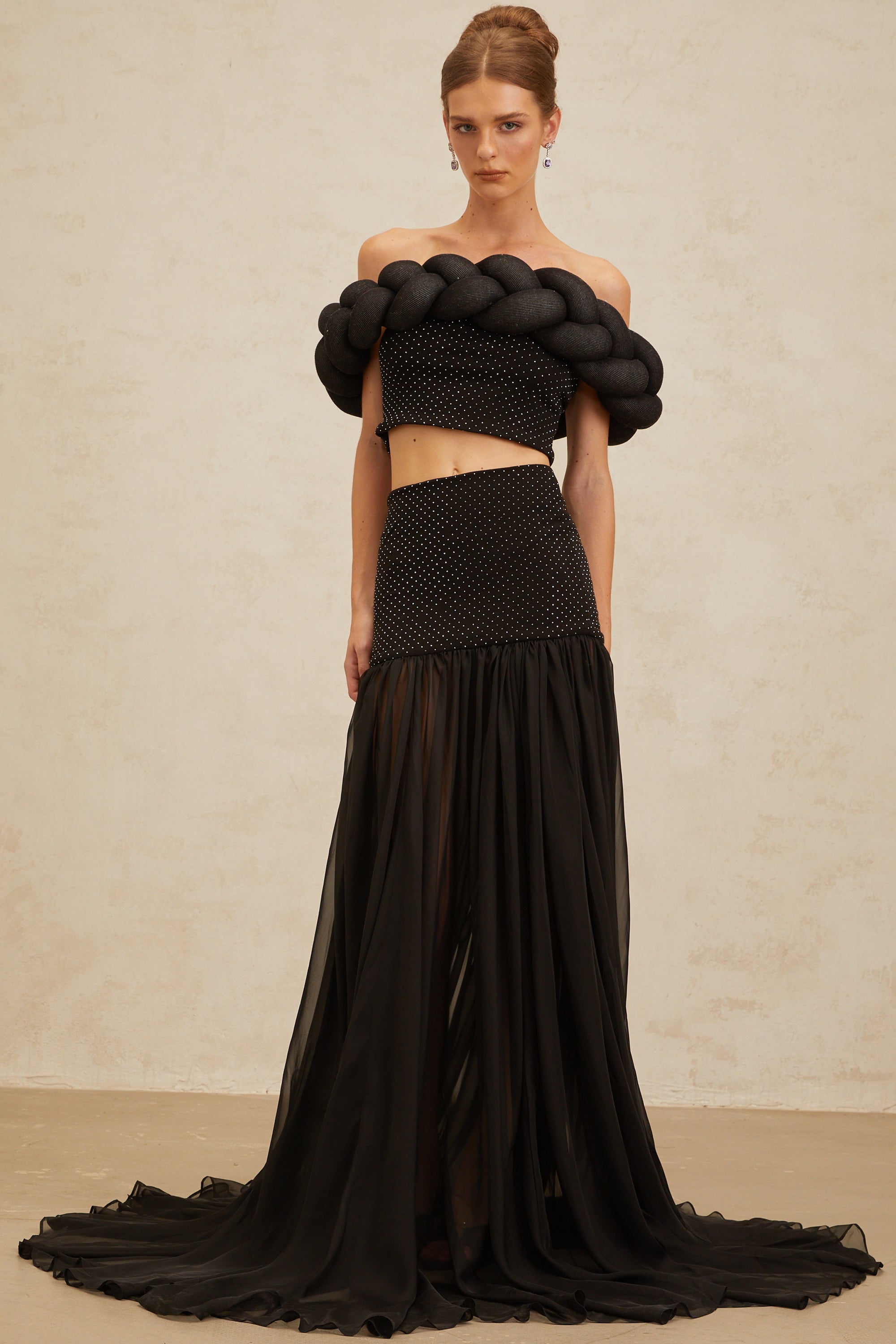 Camille Black Braid-Detail Rhinestone Embellished Crop Top