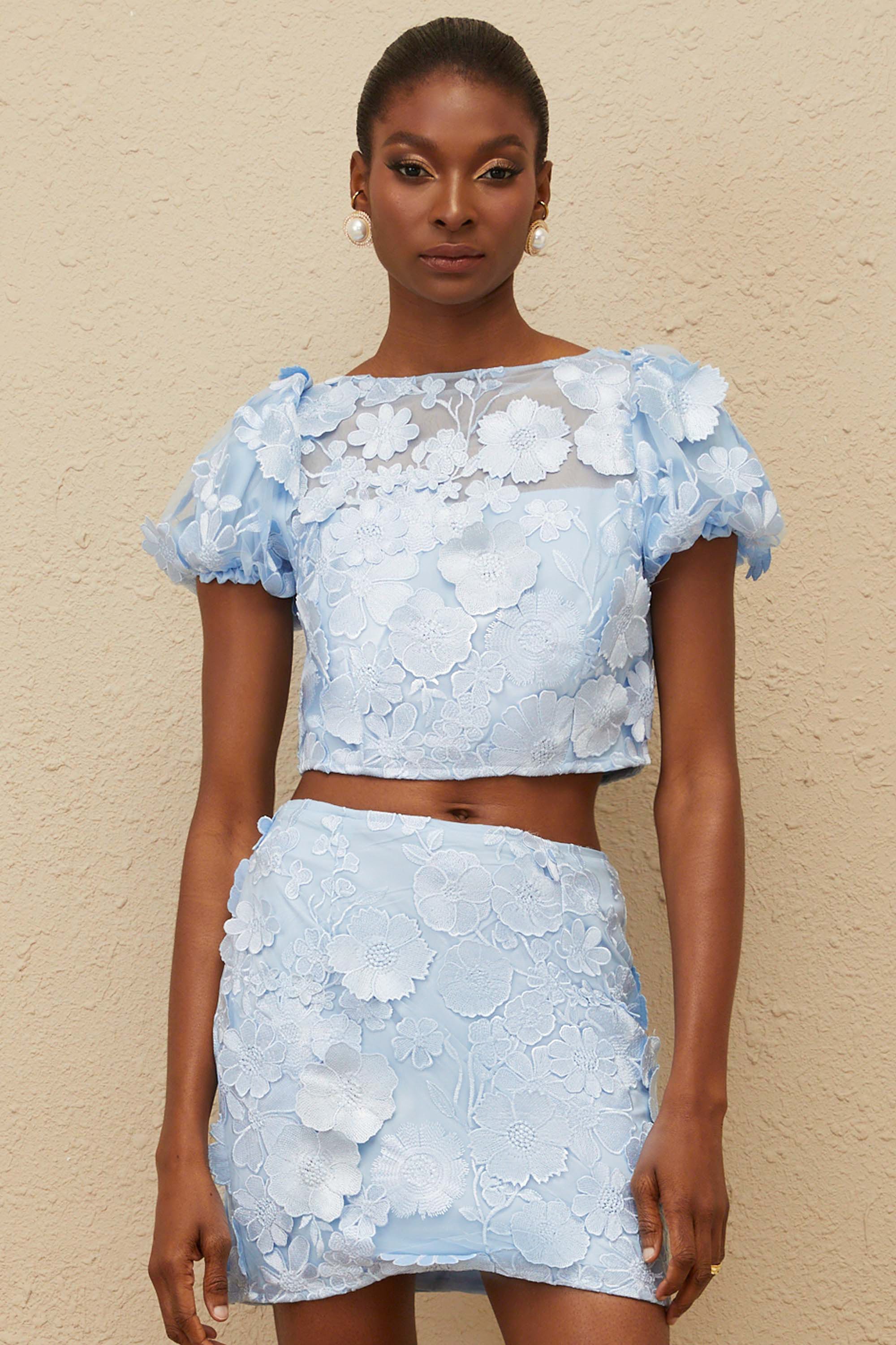 Caméo Blue Embroidered 3D Petal Co-ord Set