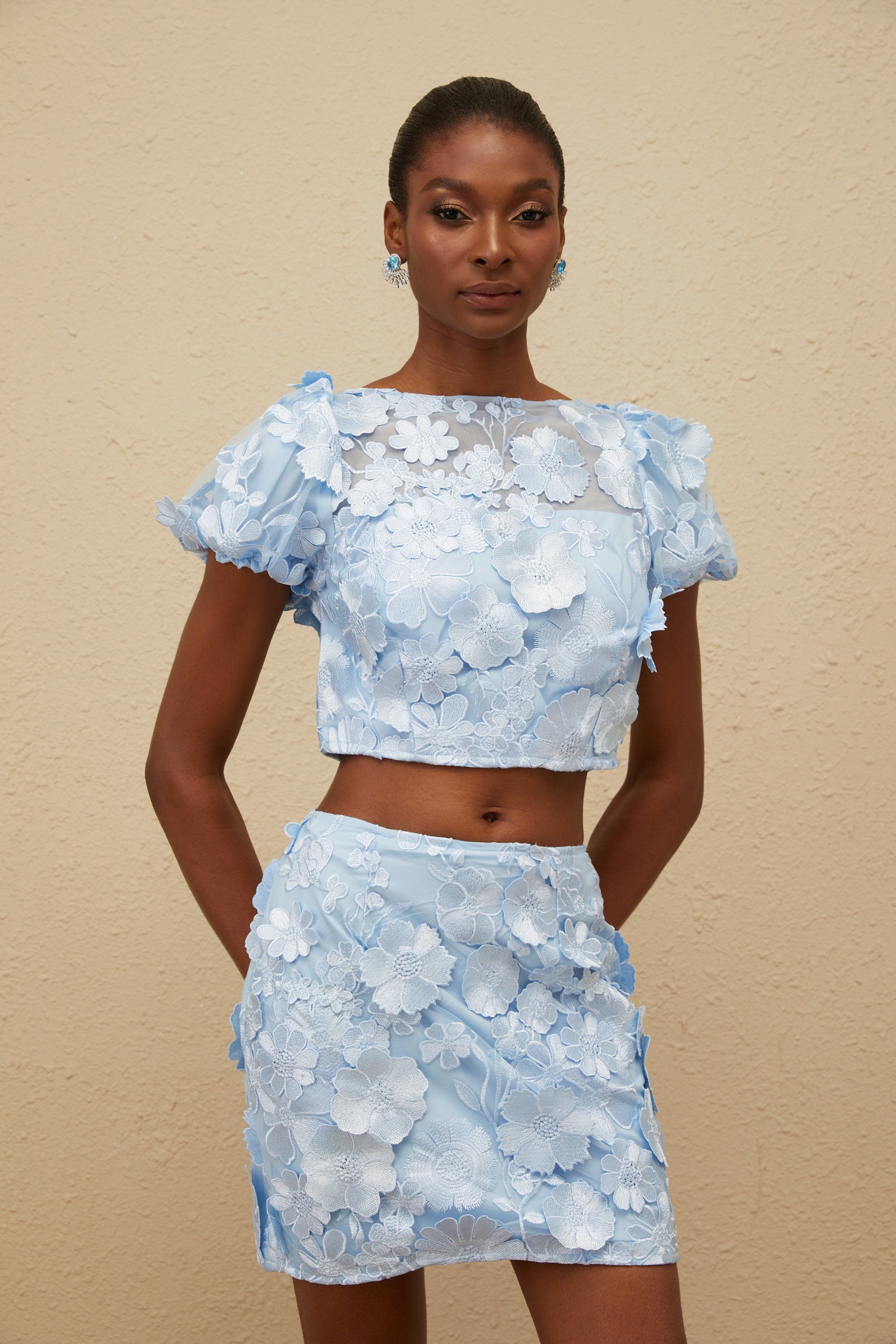 Caméo Blue Embroidered 3D Petal Co-ord Set